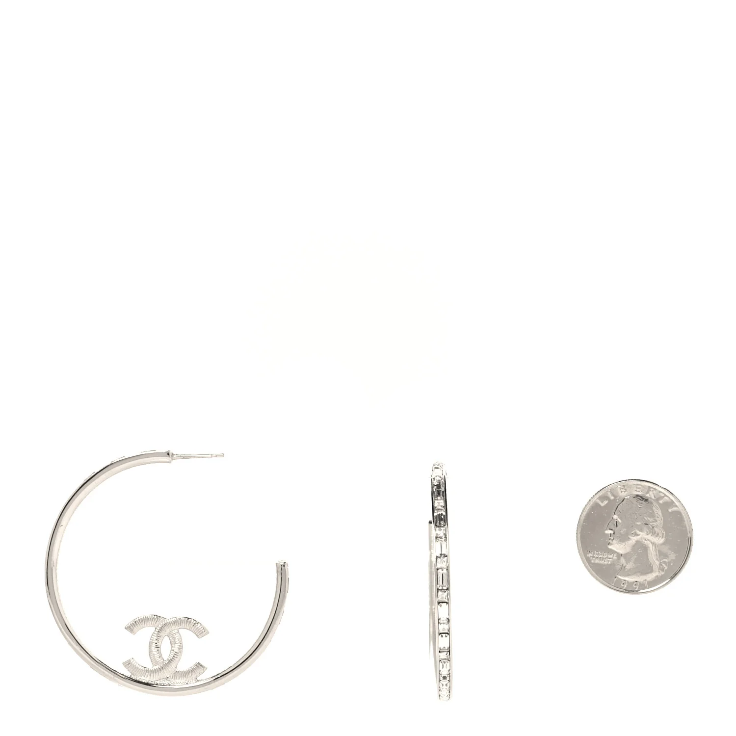 Metal Crystal Baguette CC Large Hoop Earrings Silver - Image 2
