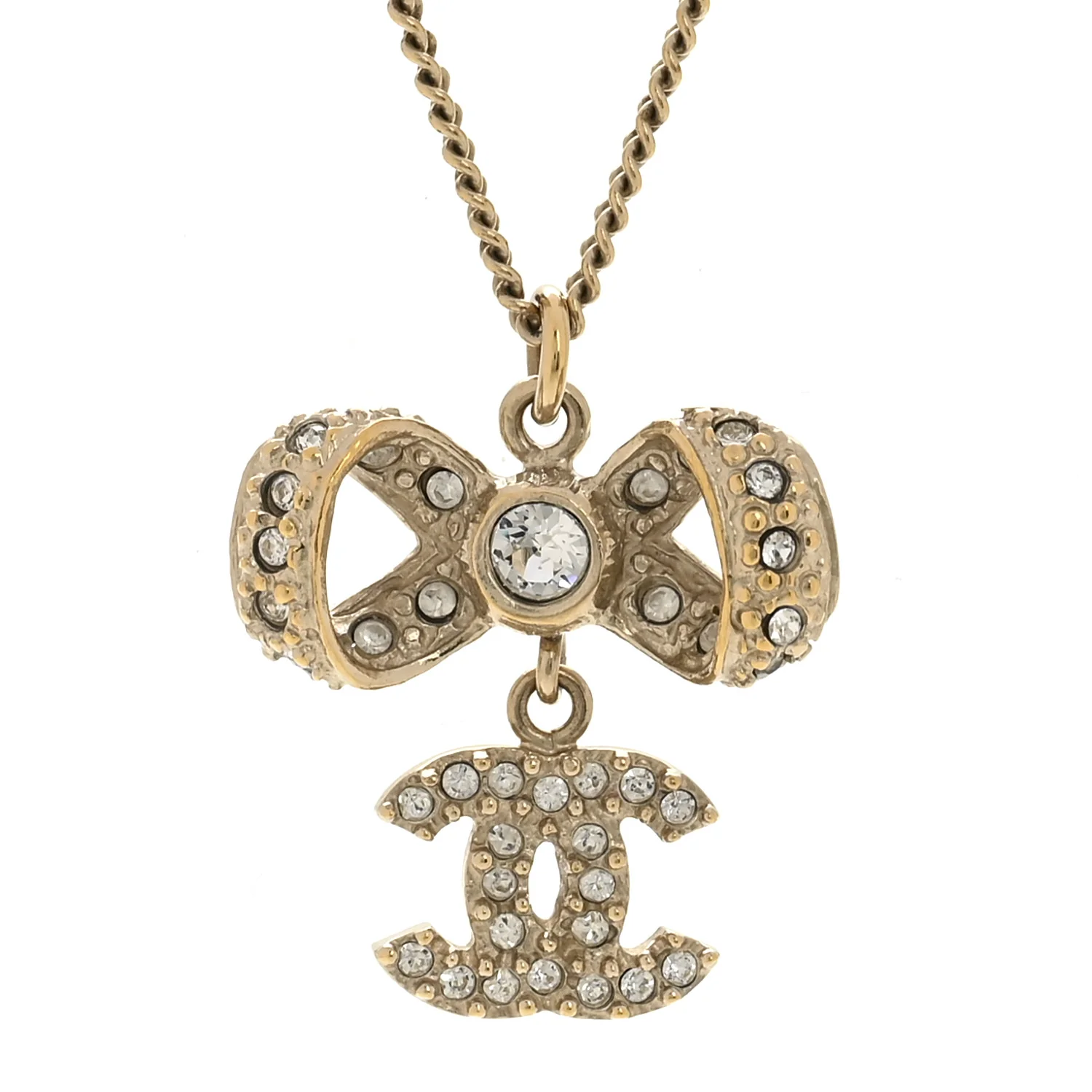 Metal Crystal CC Bow Drop Necklace Gold - Image 4