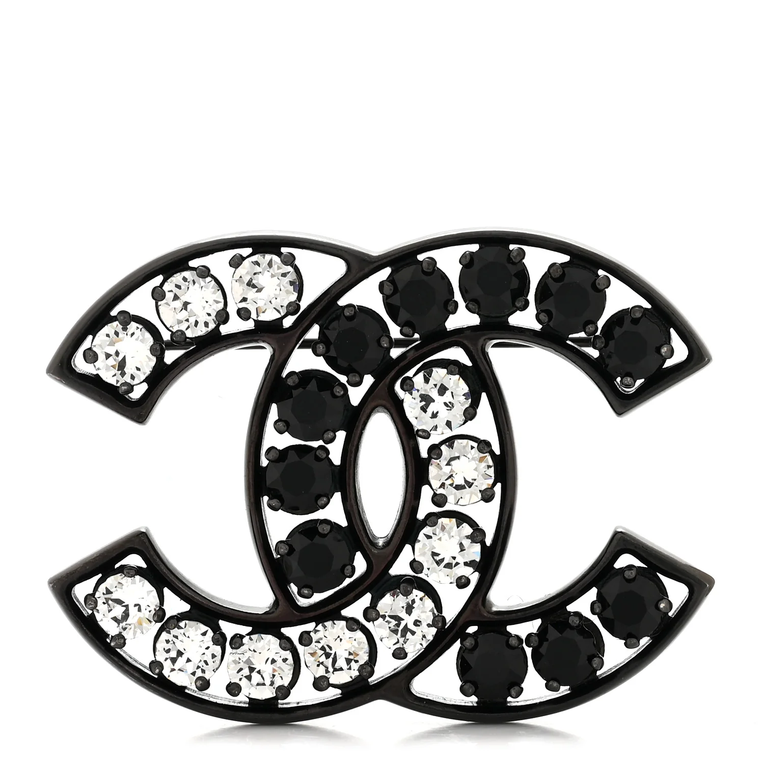 Metal Crystal CC Brooch Silver Black