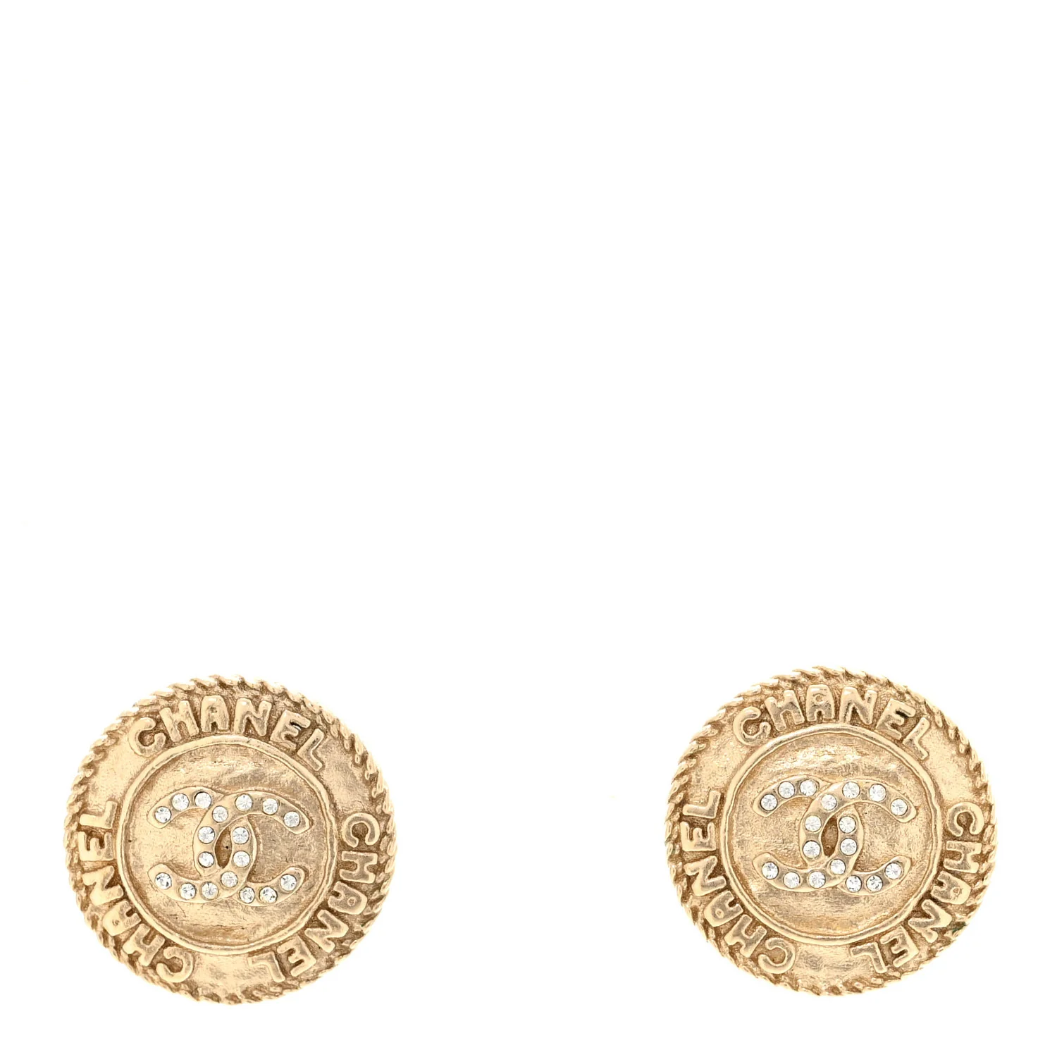 Metal Crystal CC Medallion Round Earrings Gold