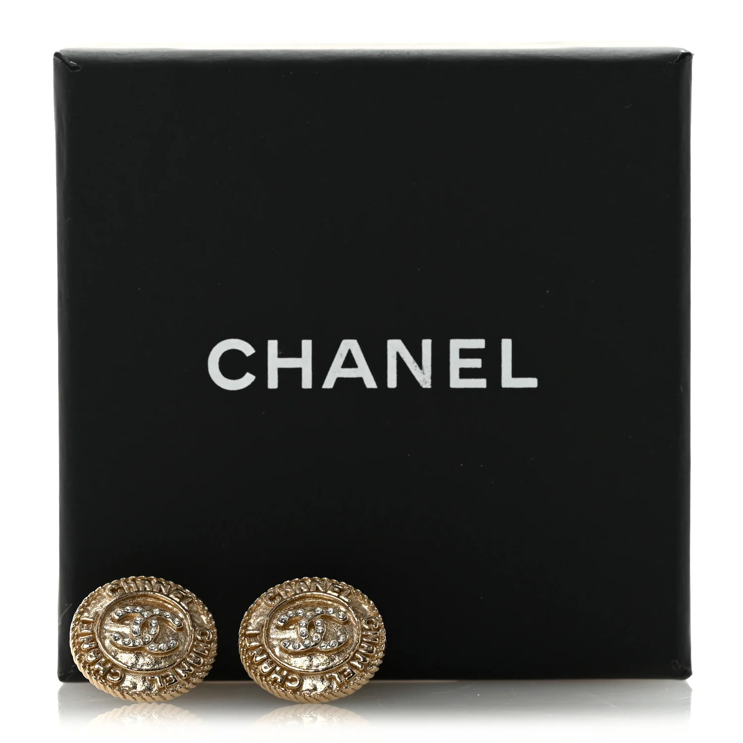 Metal Crystal CC Medallion Round Earrings Gold - Image 5