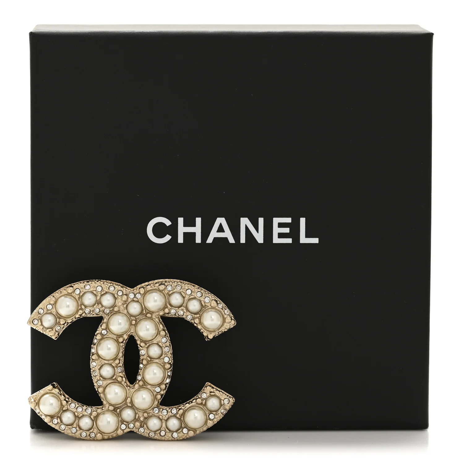 Metal Crystal Graduated Pearl CC Brooch Gold - Image 4