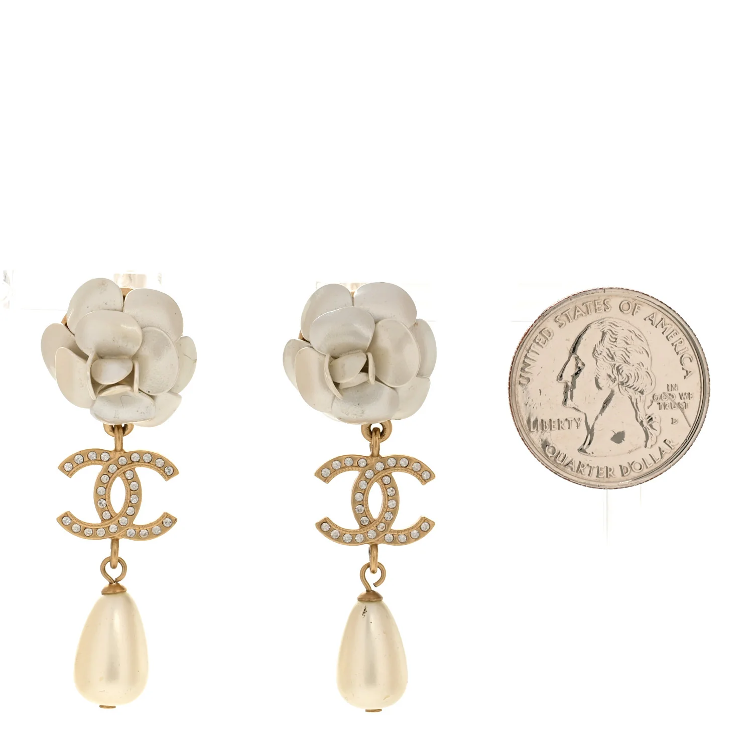 Metal Crystal Pearl 90s Camellia CC Drop Earrings Gold - Image 2