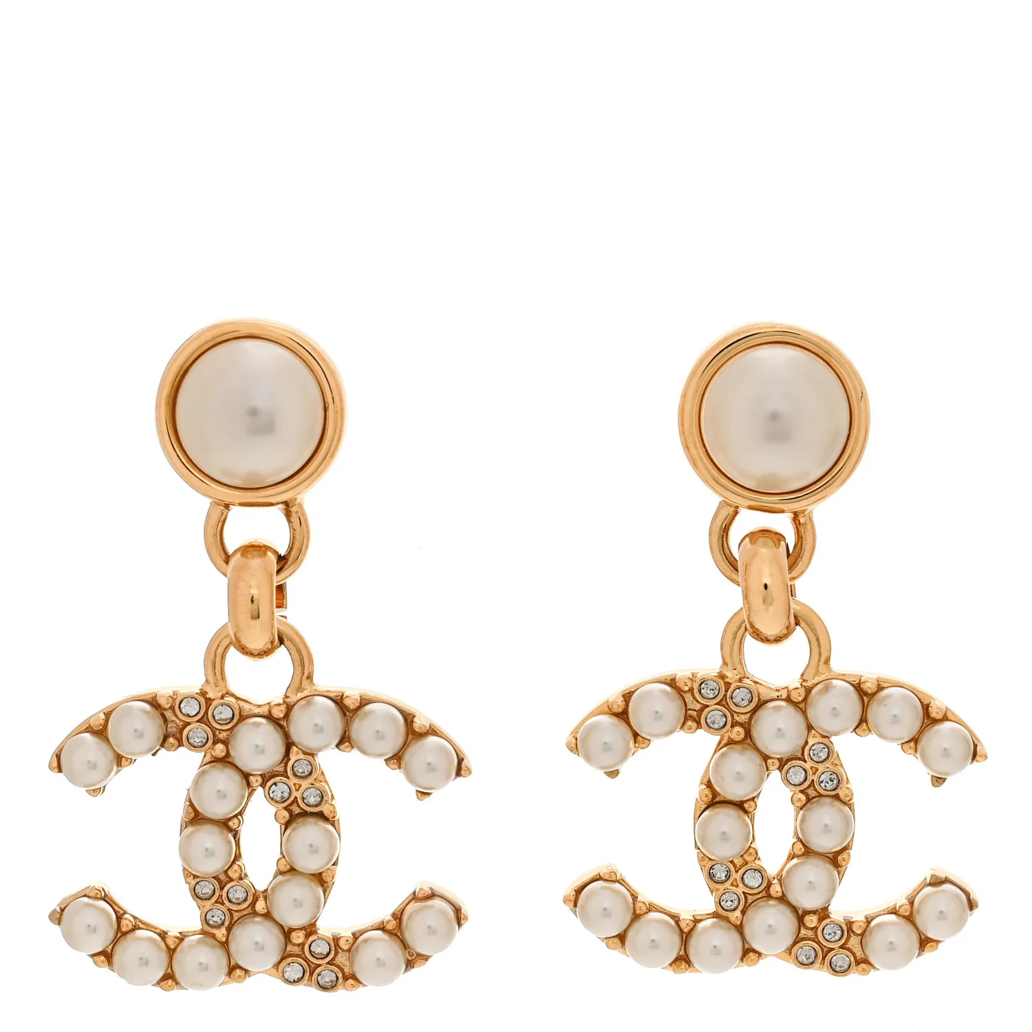 Metal Crystal Pearl CC Pendant Earrings Gold
