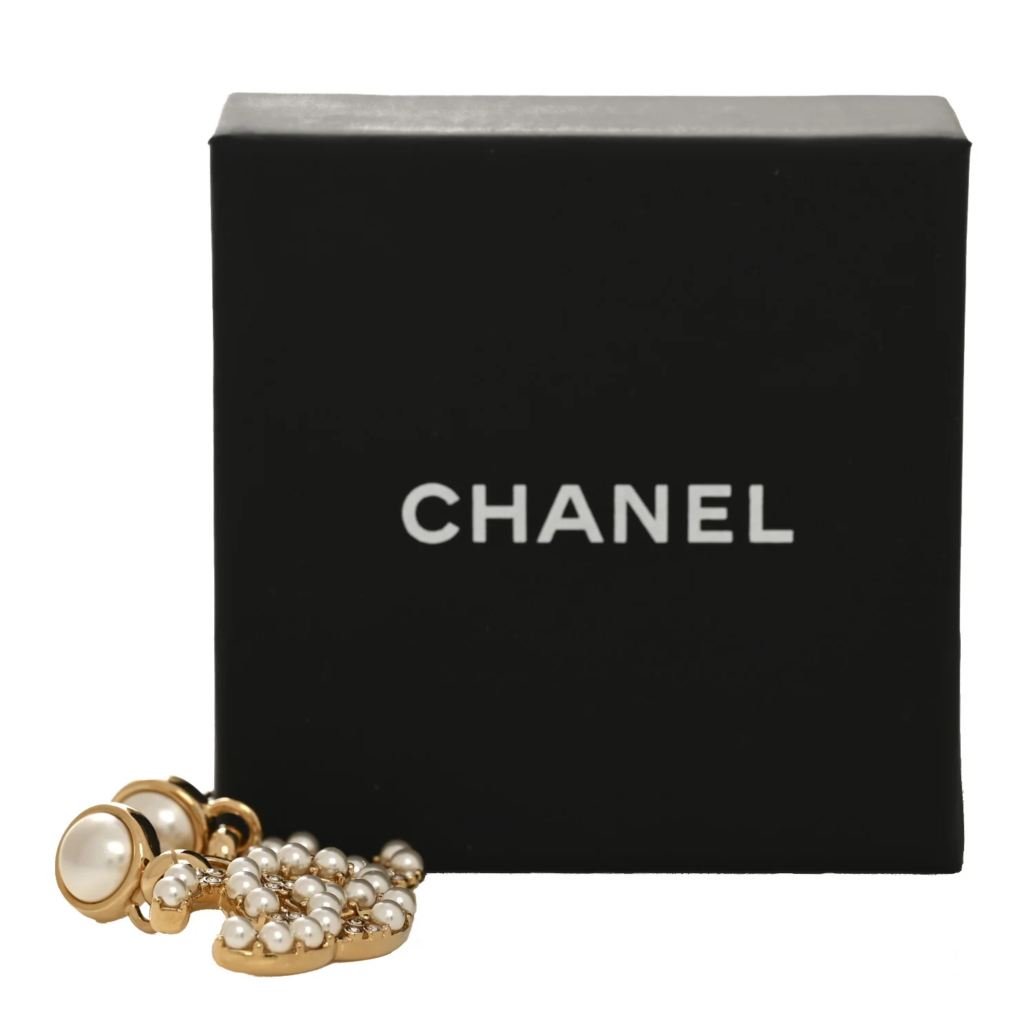 Metal Crystal Pearl CC Pendant Earrings Gold - Image 5