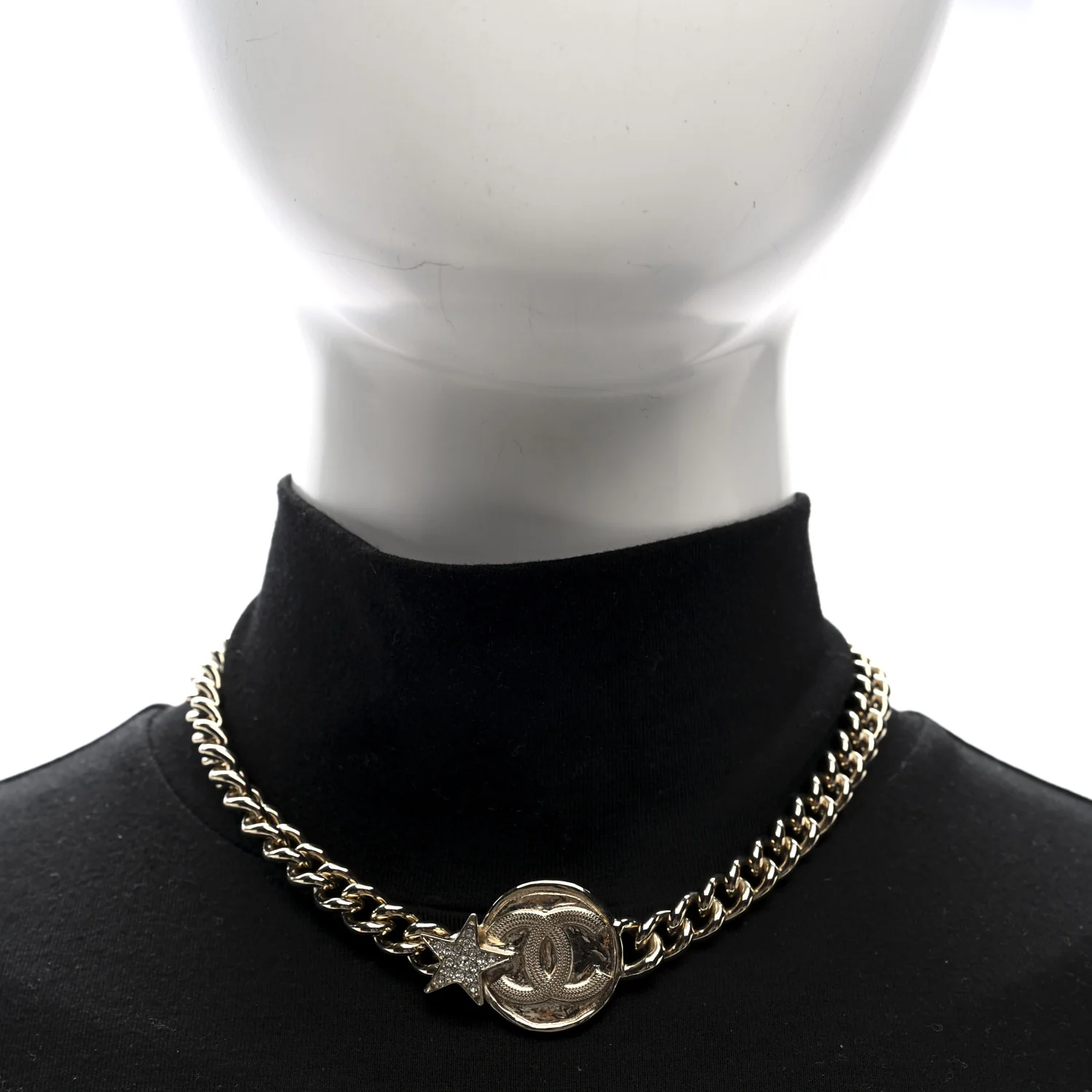Metal Crystal Textured CC Star Chain Choker Necklace Gold - Image 2