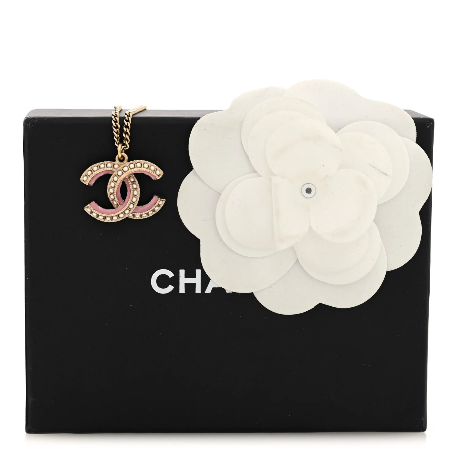 Metal Enamel Pearl CC Chain Necklace Pendant Gold Pink - Image 5
