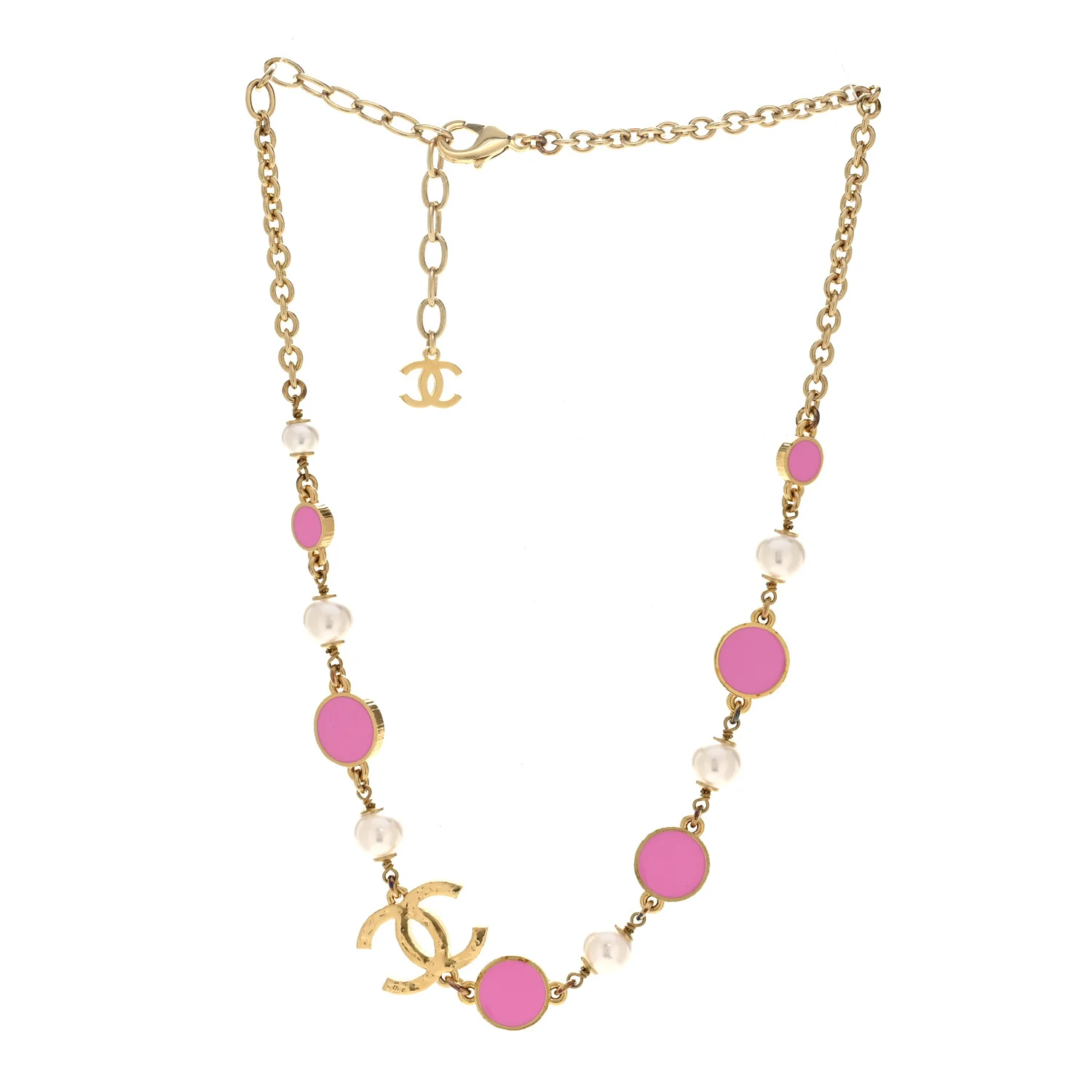Metal Enamel Pearl CC Necklace Pink Gold - Image 3