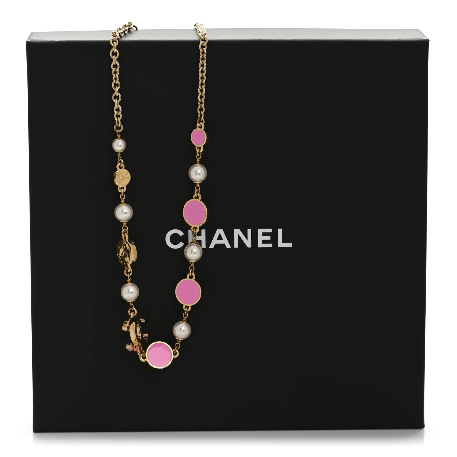Metal Enamel Pearl CC Necklace Pink Gold - Image 6