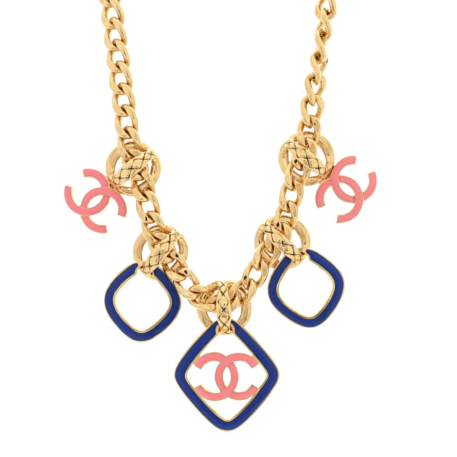 Metal Enamel Quilted Chain CC Necklace Gold Blue Pink