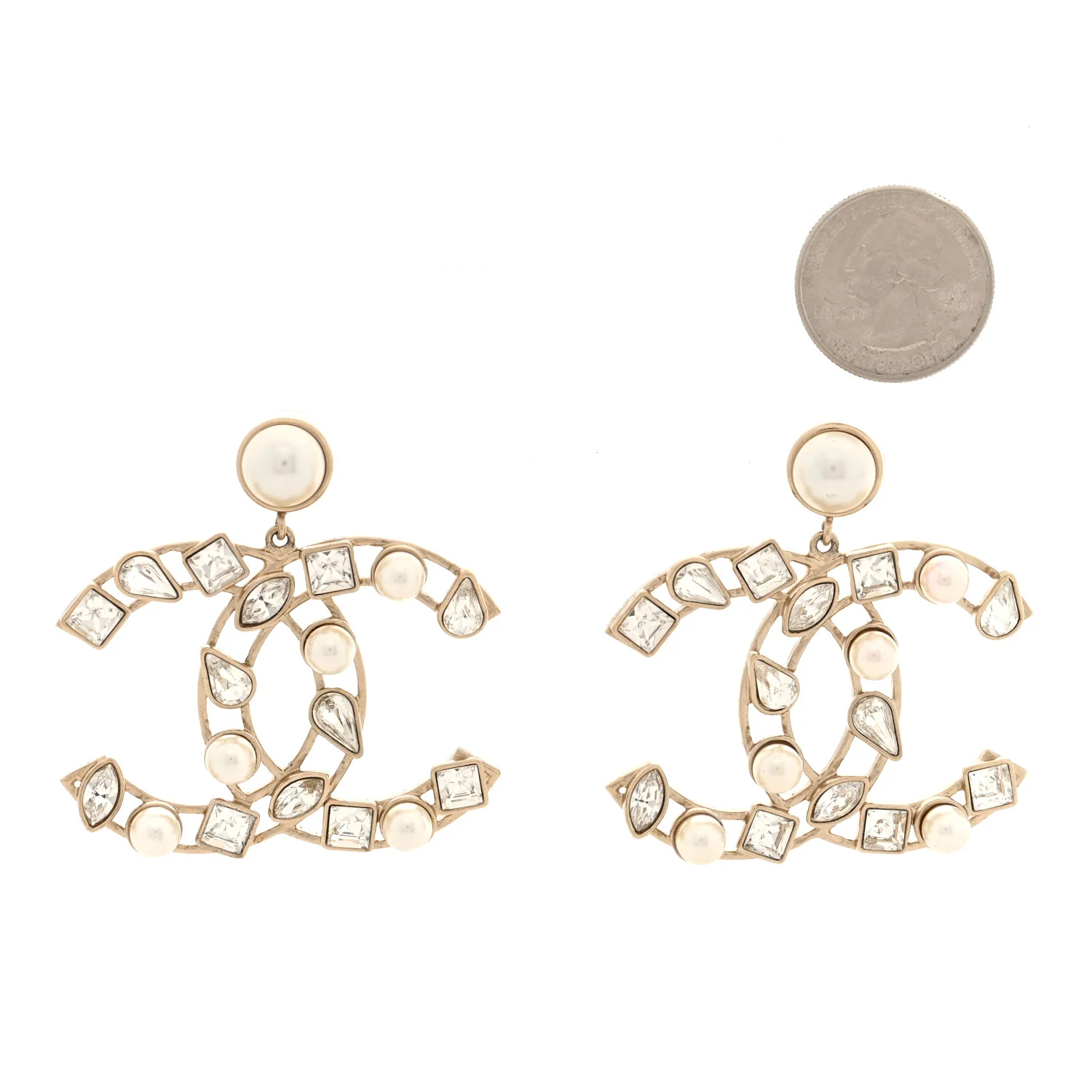 Metal Glass Pearl CC Crystal Snowfall CC Drop Earrings Light Gold - Image 2
