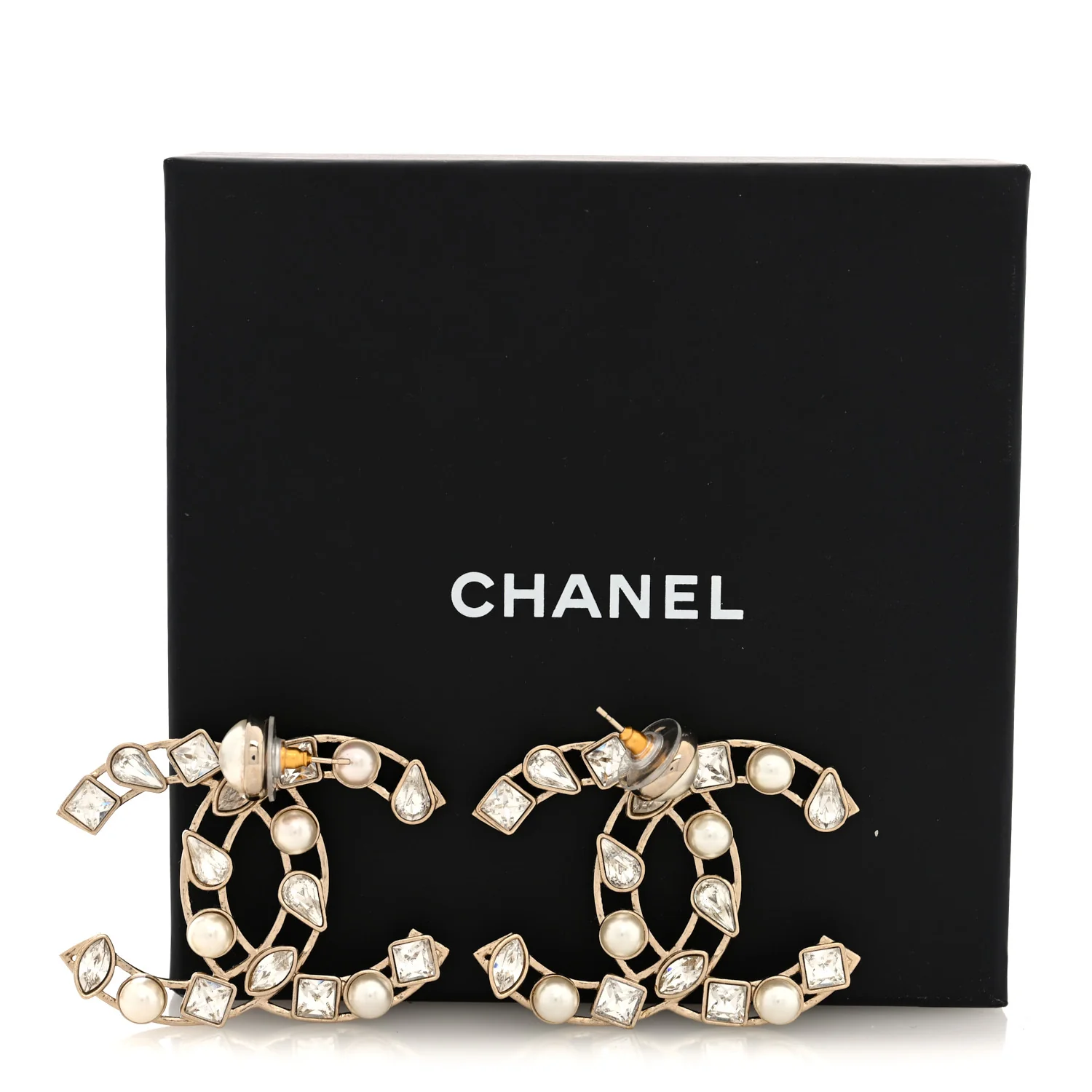 Metal Glass Pearl CC Crystal Snowfall CC Drop Earrings Light Gold - Image 5