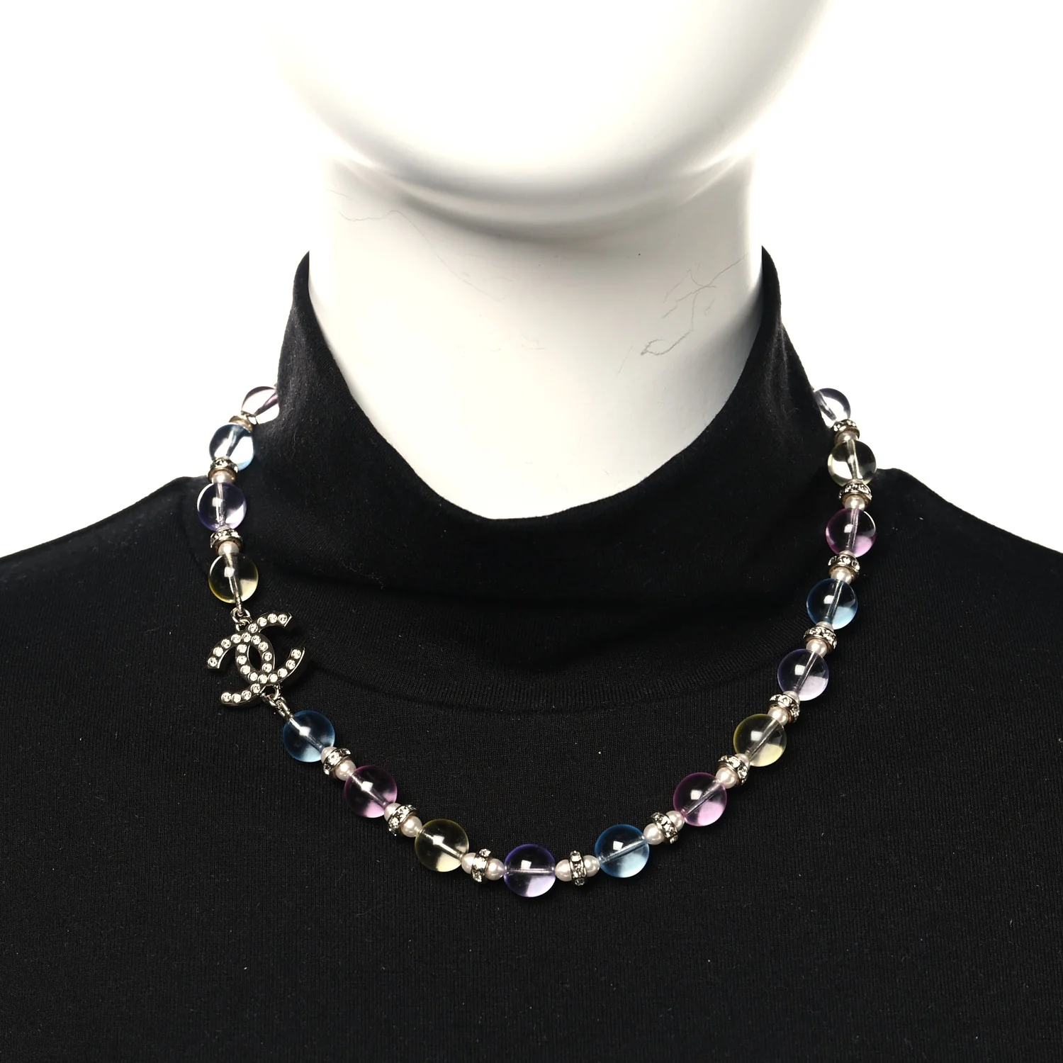 Metal Glass Pearl Strass Beaded CC Necklace Gold Pearly White Multicolor - Image 2