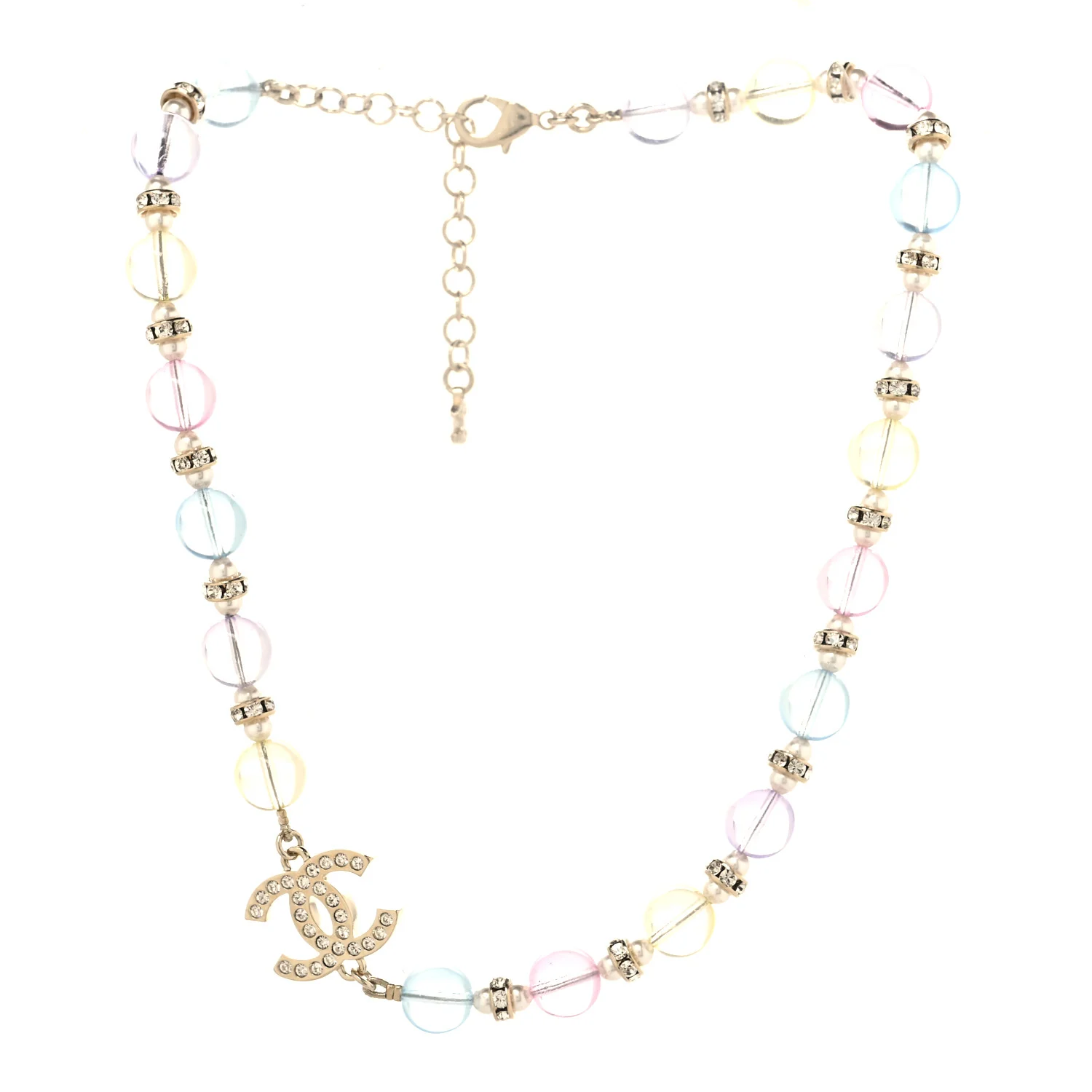 Metal Glass Pearl Strass Beaded CC Necklace Gold Pearly White Multicolor - Image 3