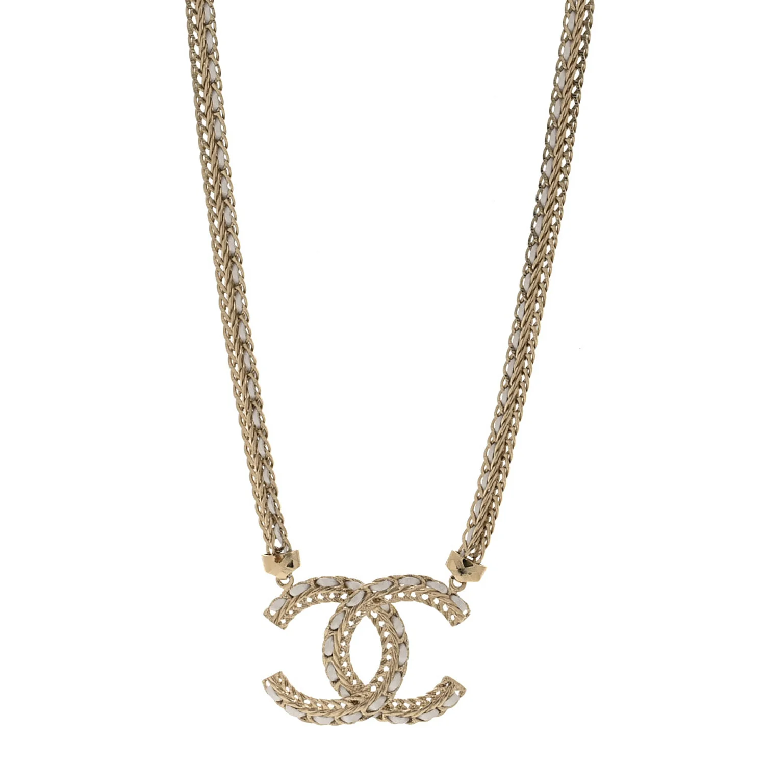 Metal Lambskin CC Chain Necklace Gold White