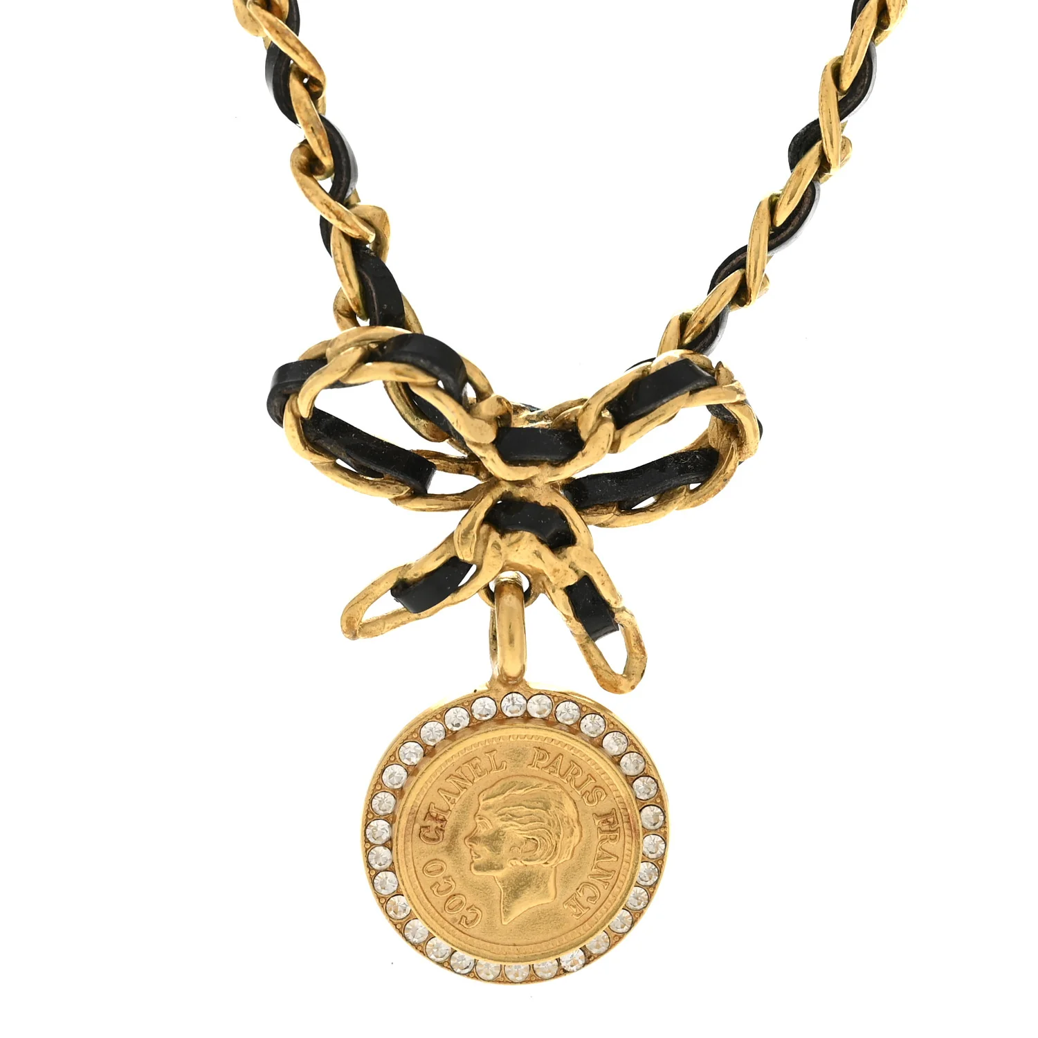 Metal Lambskin Chain Bow Medallion Necklace Black Gold - Image 4