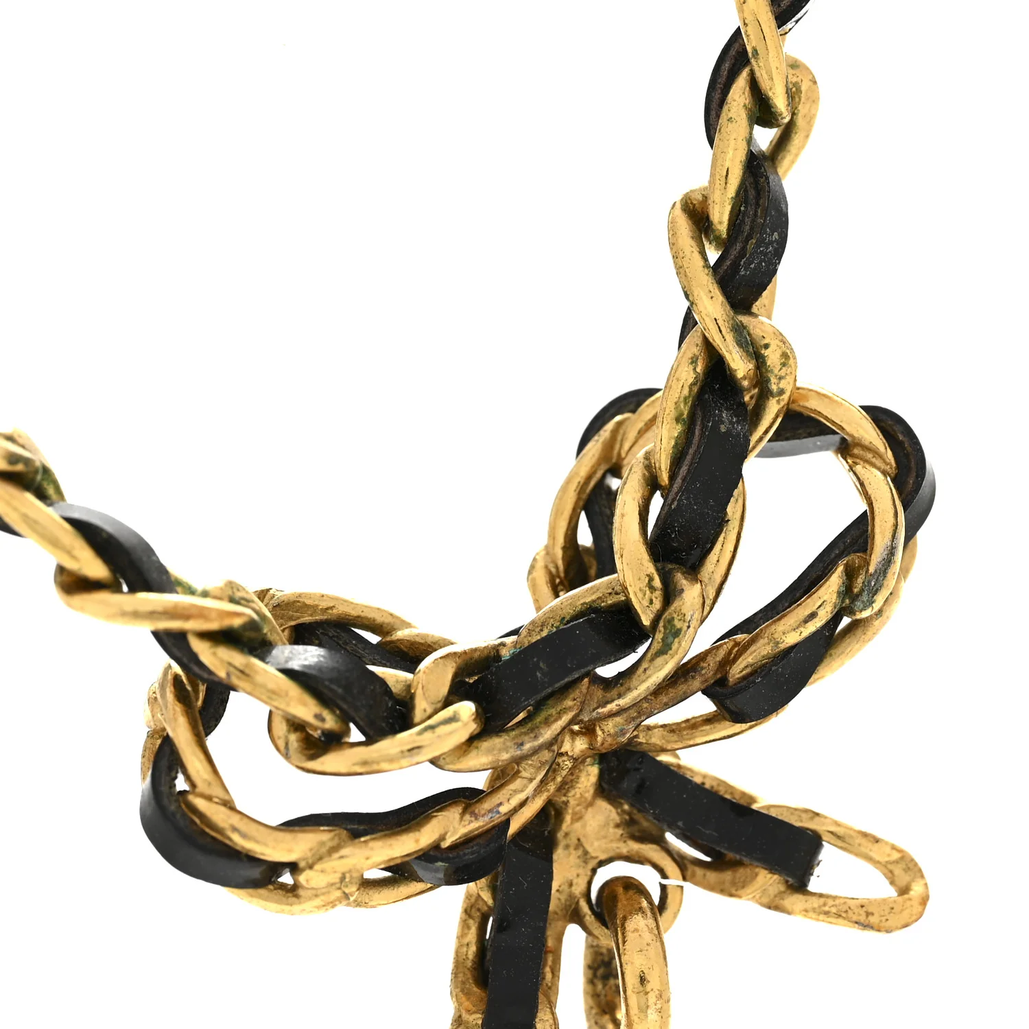 Metal Lambskin Chain Bow Medallion Necklace Black Gold - Image 7