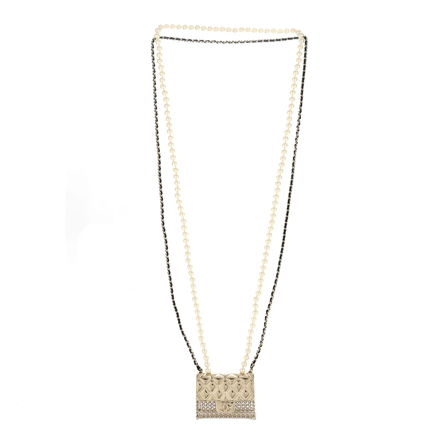 Metal Lambskin Pearl Chain Flap Bag Long Necklace Gold Black Pearly White - Image 3