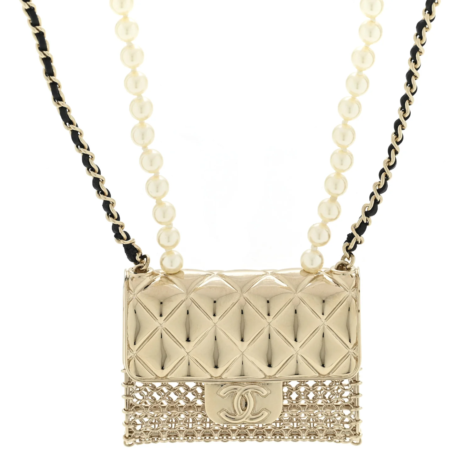 Metal Lambskin Pearl Chain Flap Bag Long Necklace Gold Black Pearly White - Image 4
