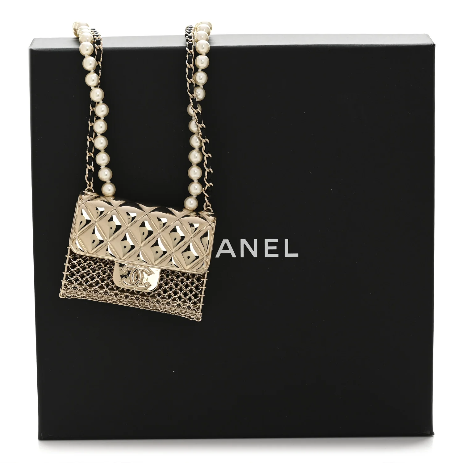 Metal Lambskin Pearl Chain Flap Bag Long Necklace Gold Black Pearly White - Image 7