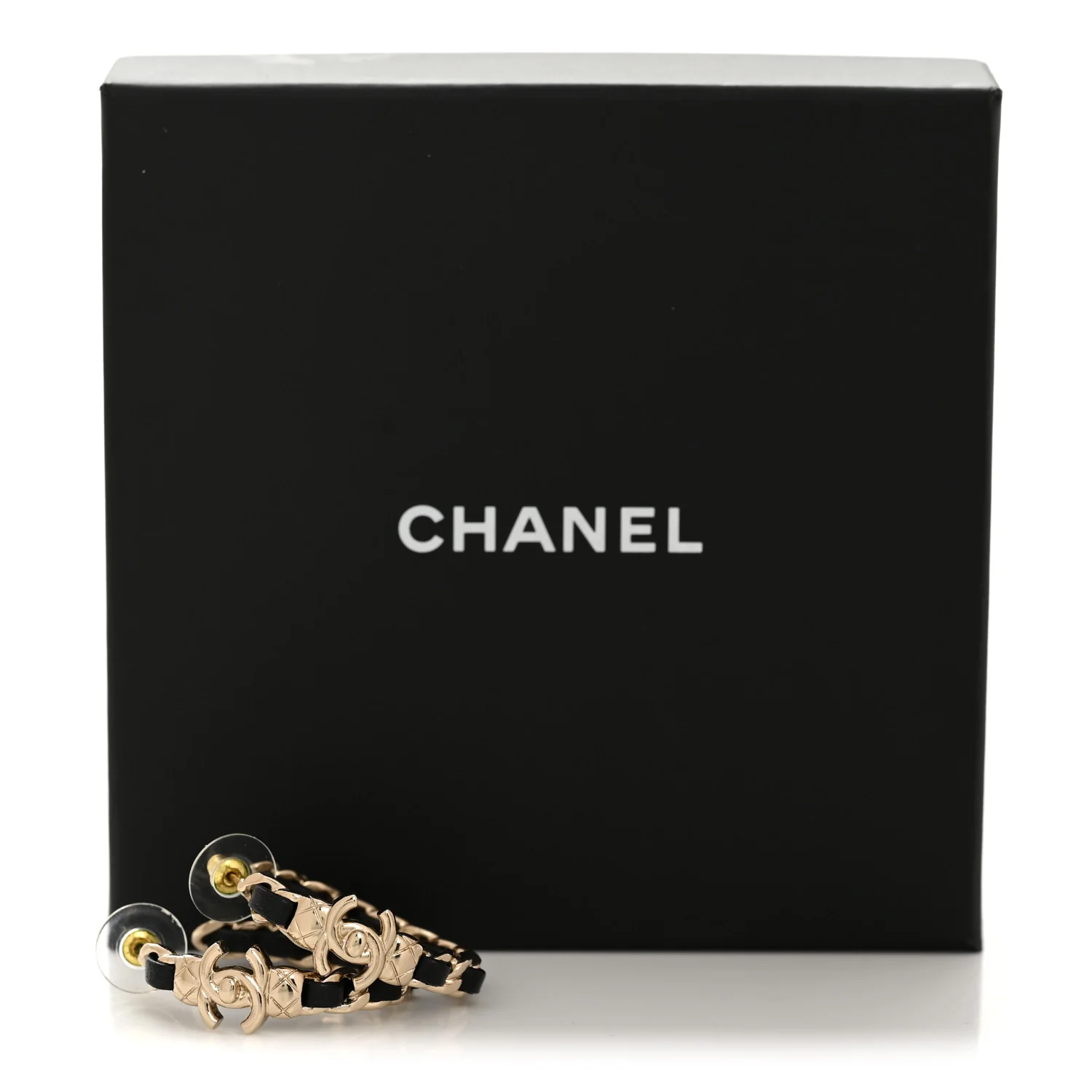 Metal Lambskin Quilted CC Turnlock Chain Hoop Earrings Gold Black - Image 5