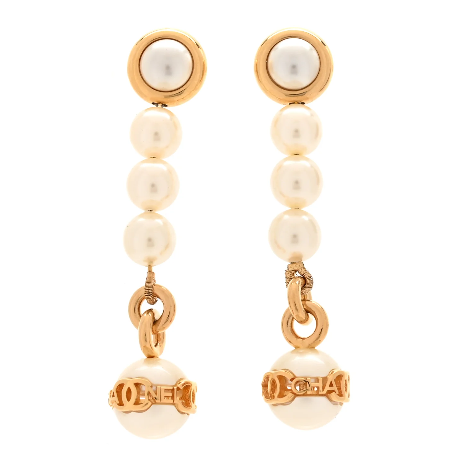 Metal Pearl CC Logo Drop Earrings White Gold - Image 2