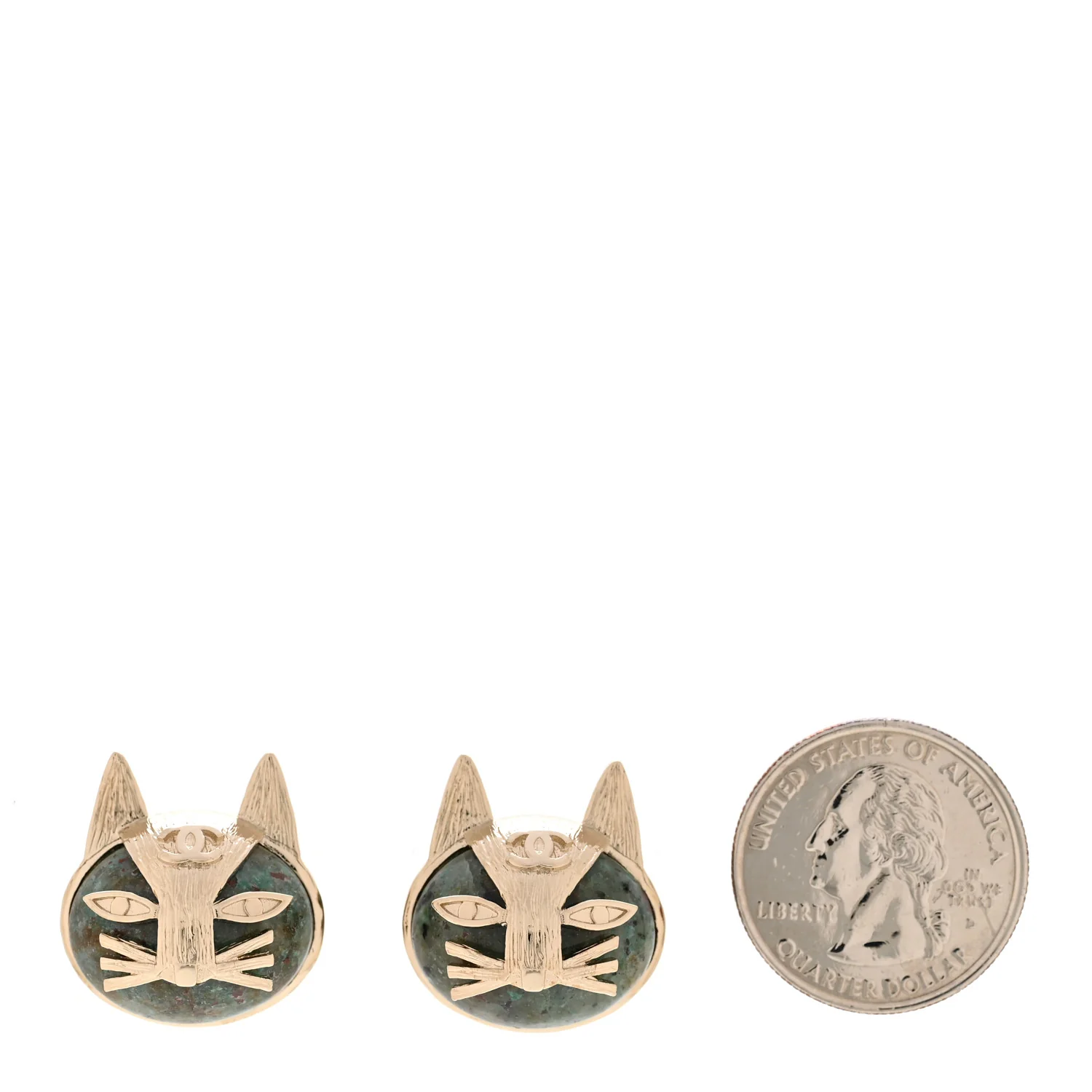 Metal Pyrite Cat Stud Earrings Green Gold - Image 2