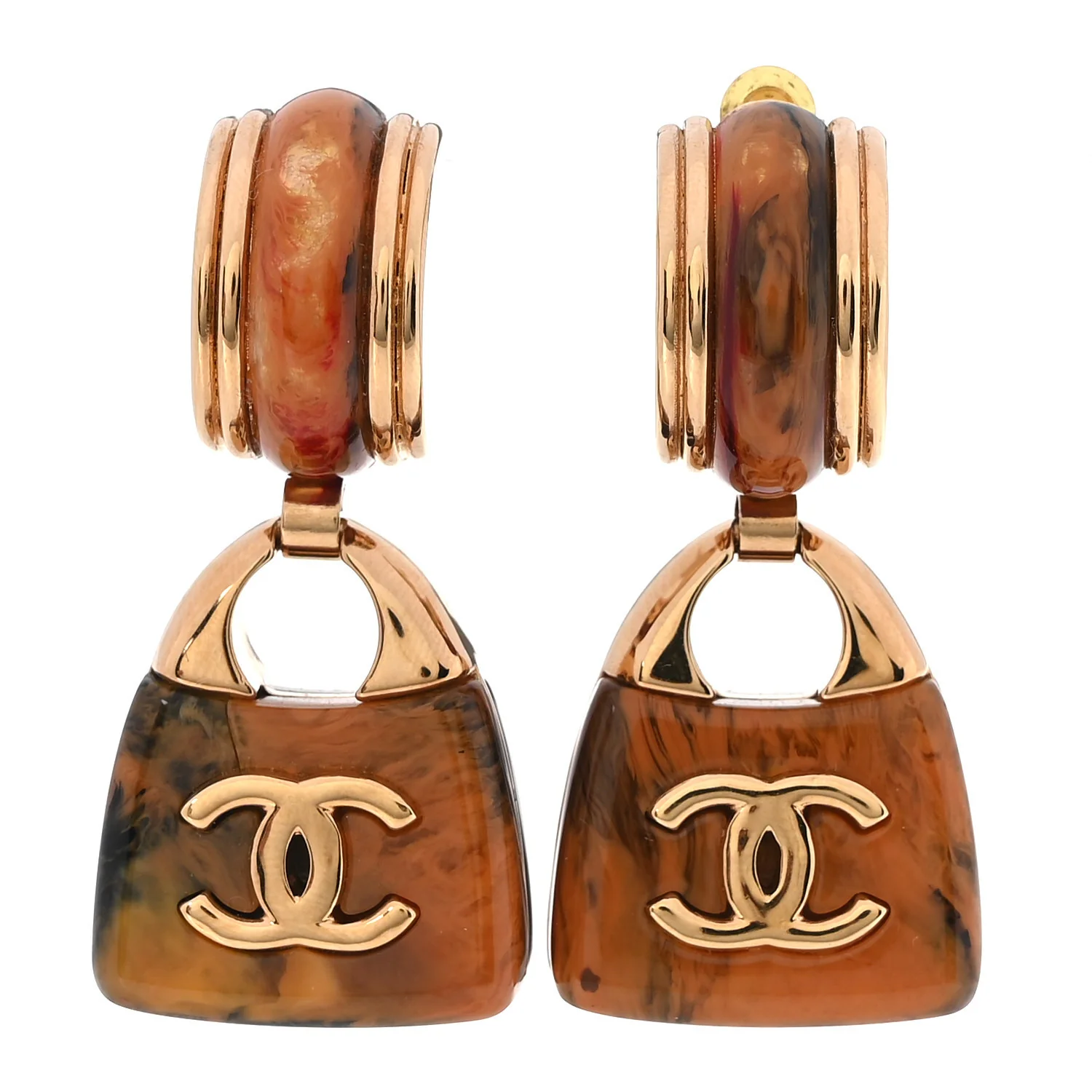 Metal Resin Marbled Enamel Handbag CC Drop Earrings  Gold Orange Black Red