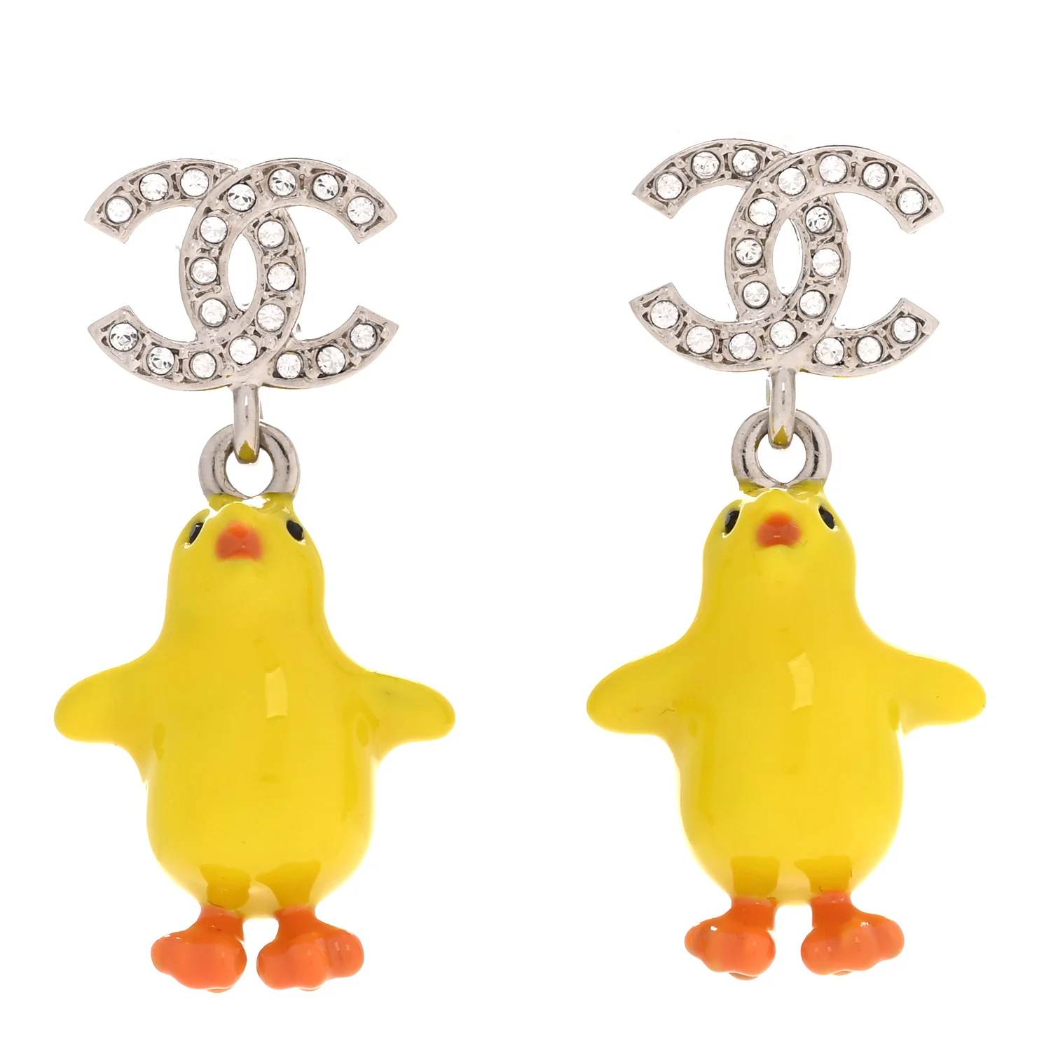 Metal Resin Strass Crystal CC Baby Chick Pendant Earrings Silver Yellow Orange