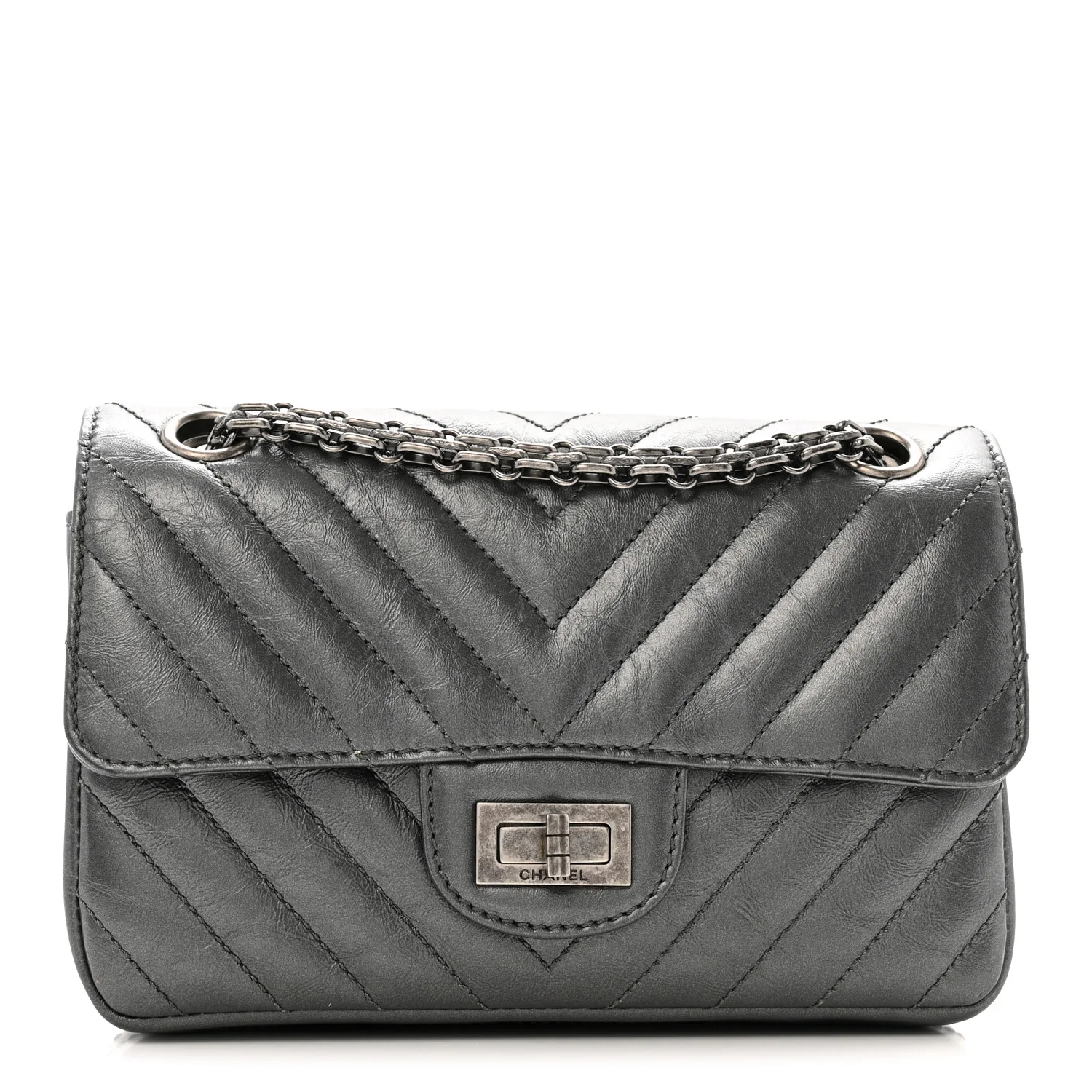 Metallic Aged Calfskin Chevron Quilted 2.55 Reissue Mini Flap Grey
