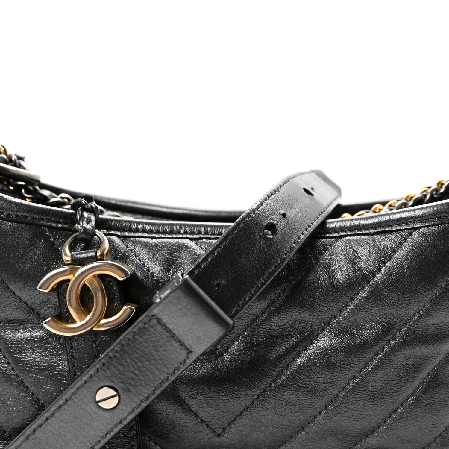 Metallic Aged Calfskin Chevron Quilted Small Gabrielle Hobo Dark Grey - Image 7
