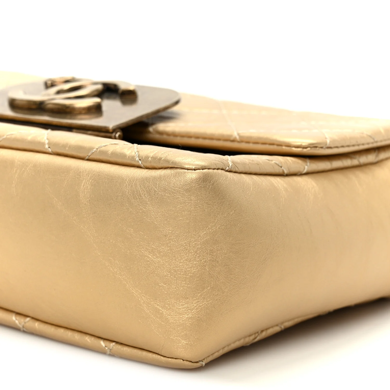 Metallic Aged Calfskin Quilted CC Square Flap Light Gold - Image 10
