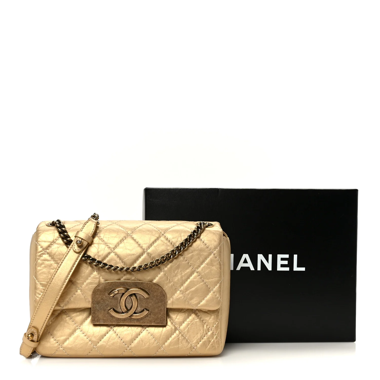 Metallic Aged Calfskin Quilted CC Square Flap Light Gold - Image 11