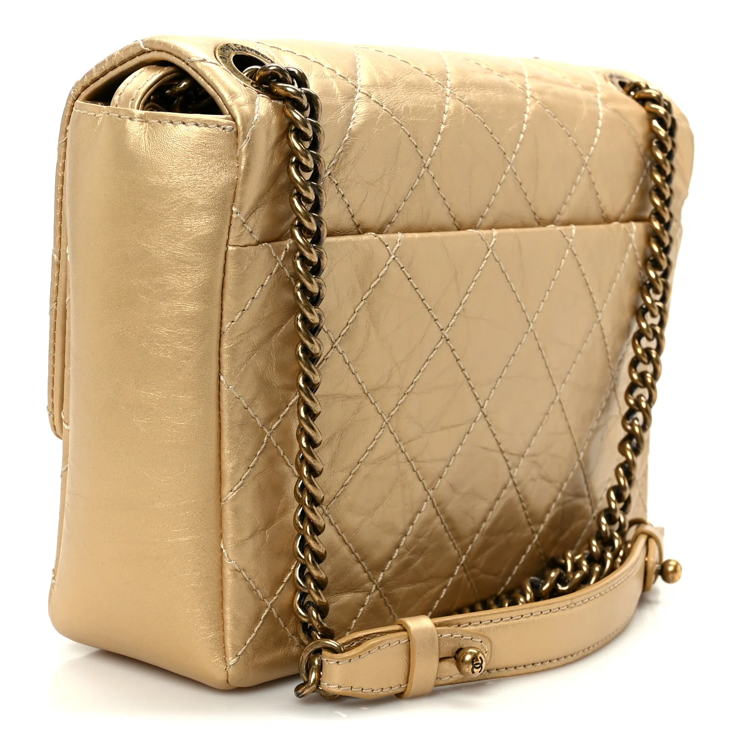 Metallic Aged Calfskin Quilted CC Square Flap Light Gold - Image 3