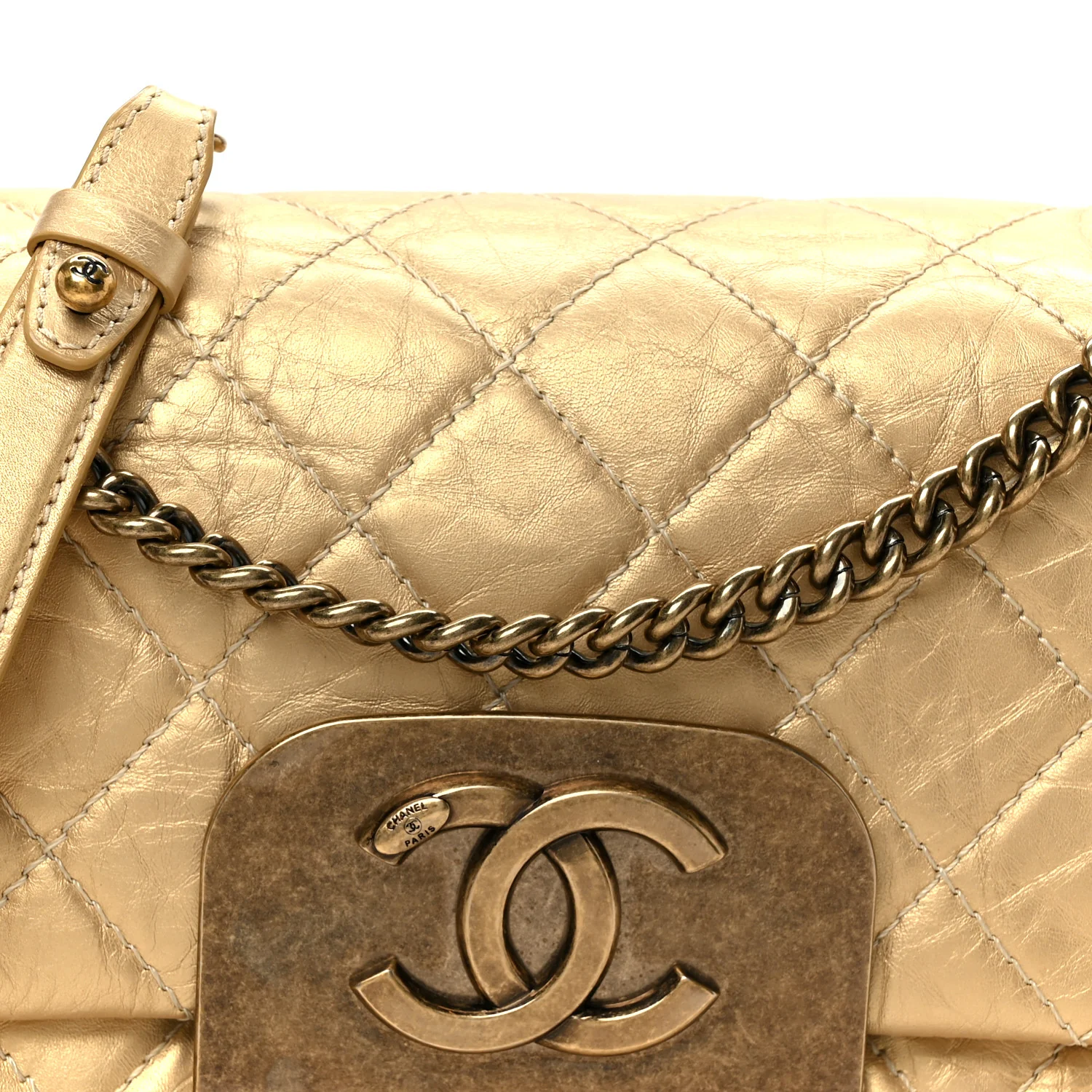 Metallic Aged Calfskin Quilted CC Square Flap Light Gold - Image 8