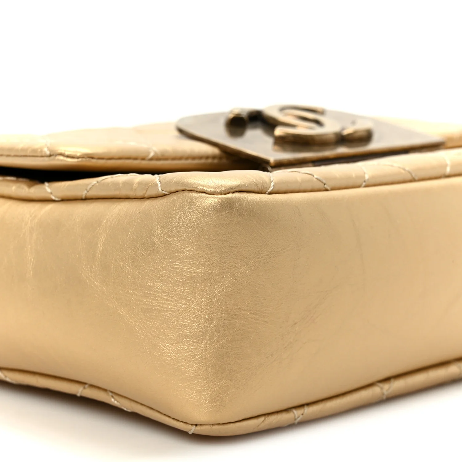 Metallic Aged Calfskin Quilted CC Square Flap Light Gold - Image 9