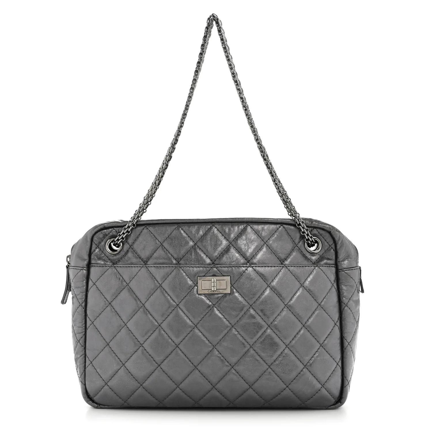 Metallic Aged Calfskin Quilted Large Reissue Camera Case Silver