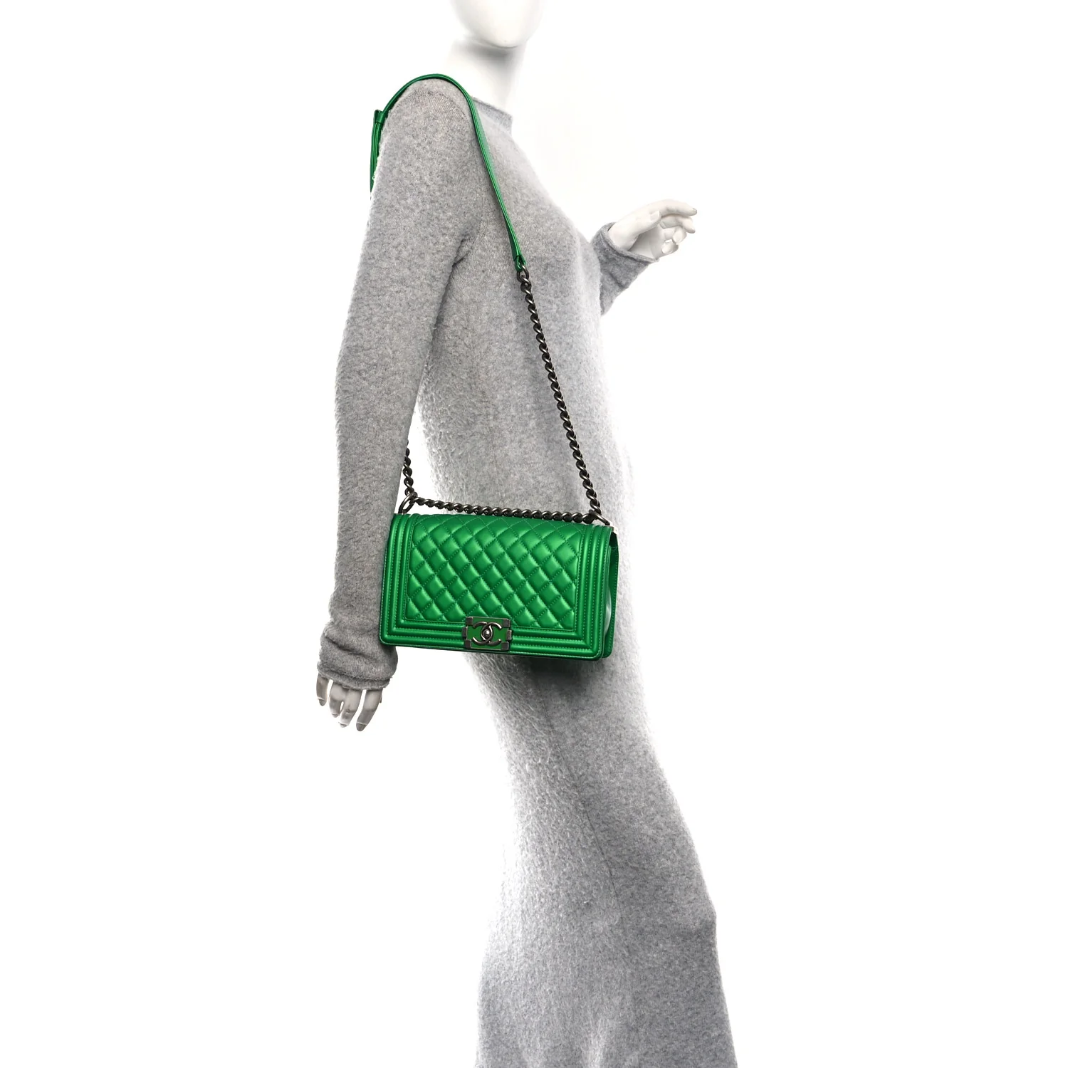 Metallic Calfskin Quilted Medium Boy Flap Green - Image 2