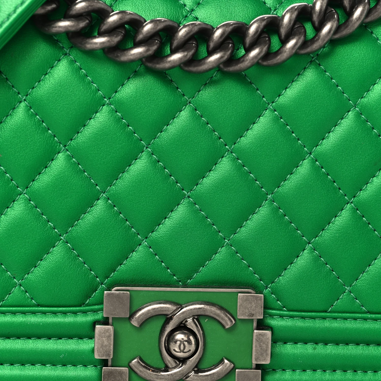 Metallic Calfskin Quilted Medium Boy Flap Green - Image 8