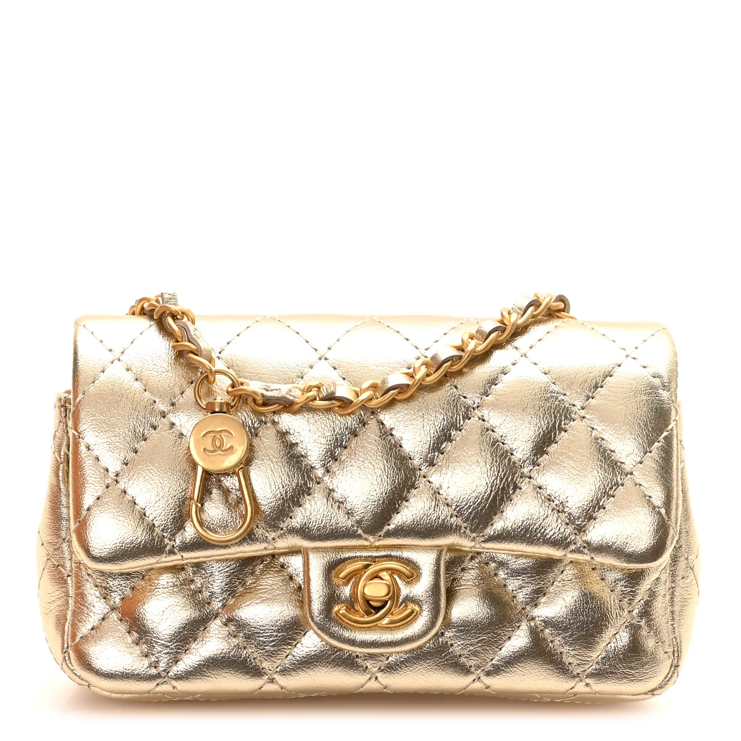 Metallic Calfskin Quilted Mini Flap Bag Charm With Hook Golden