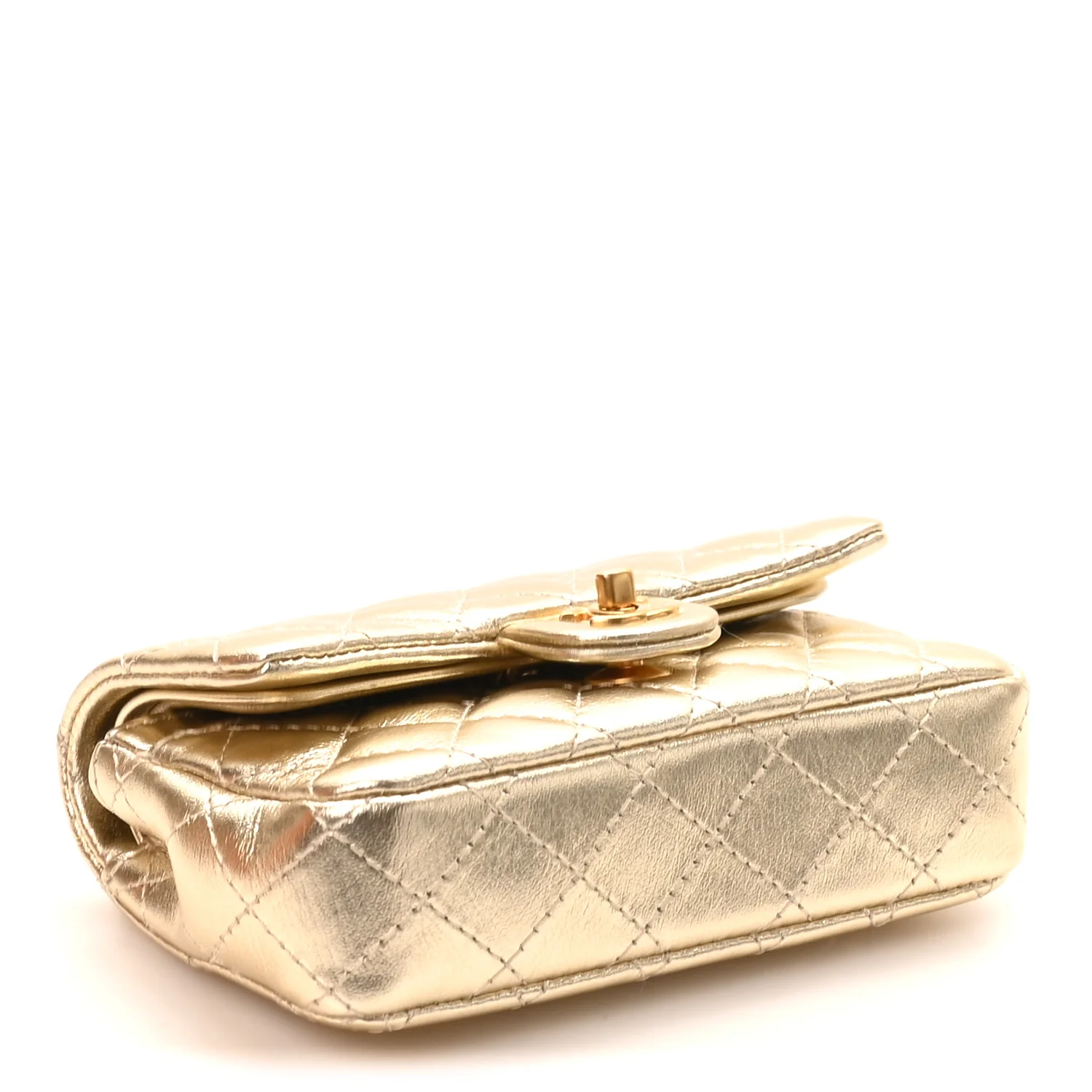 Metallic Calfskin Quilted Mini Flap Bag Charm With Hook Golden - Image 3