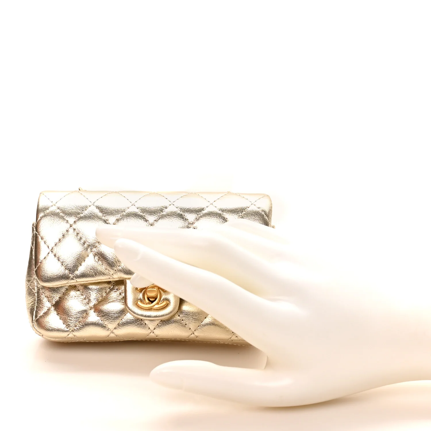 Metallic Calfskin Quilted Mini Flap Bag Charm With Hook Golden - Image 4