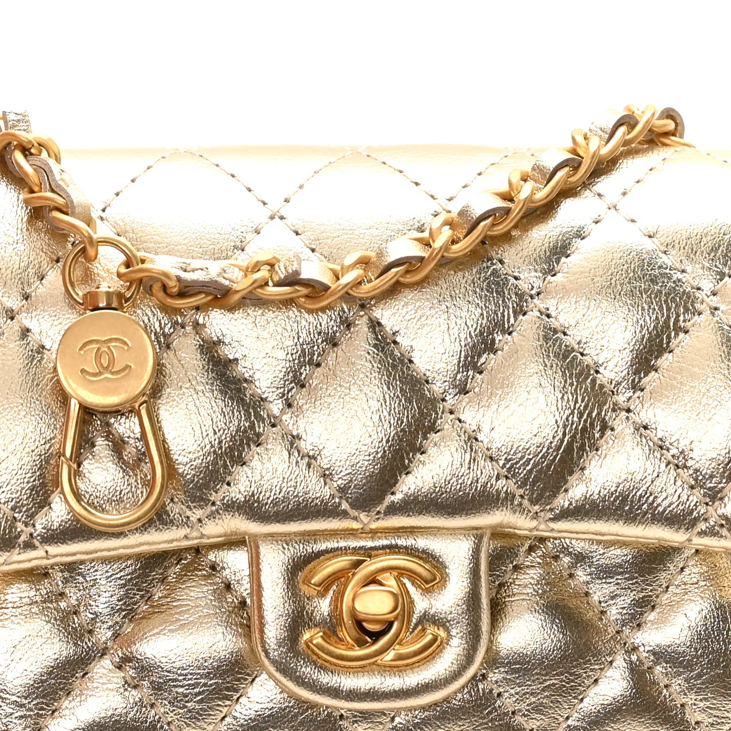 Metallic Calfskin Quilted Mini Flap Bag Charm With Hook Golden - Image 6