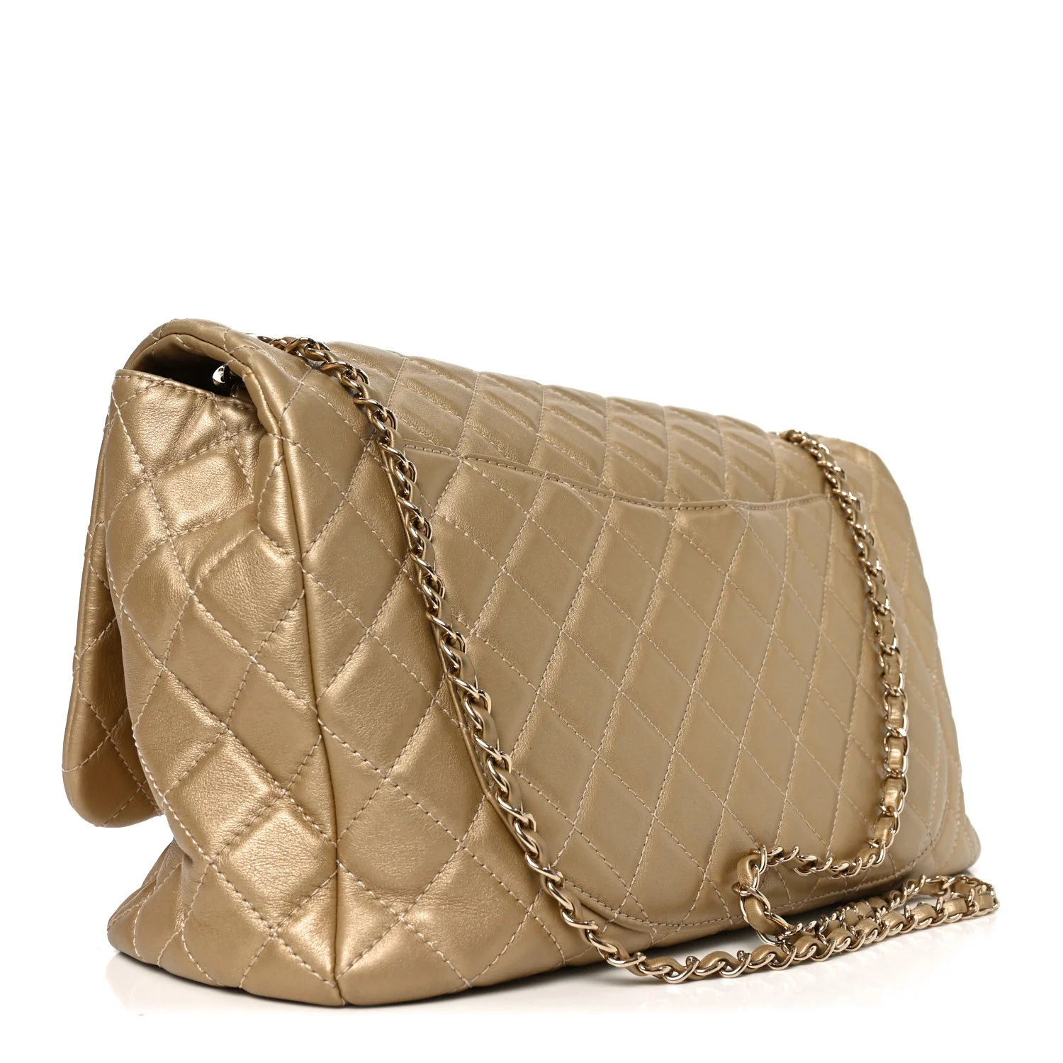Metallic Calfskin Quilted Small XXL Travel Flap Bag Gold - Image 3