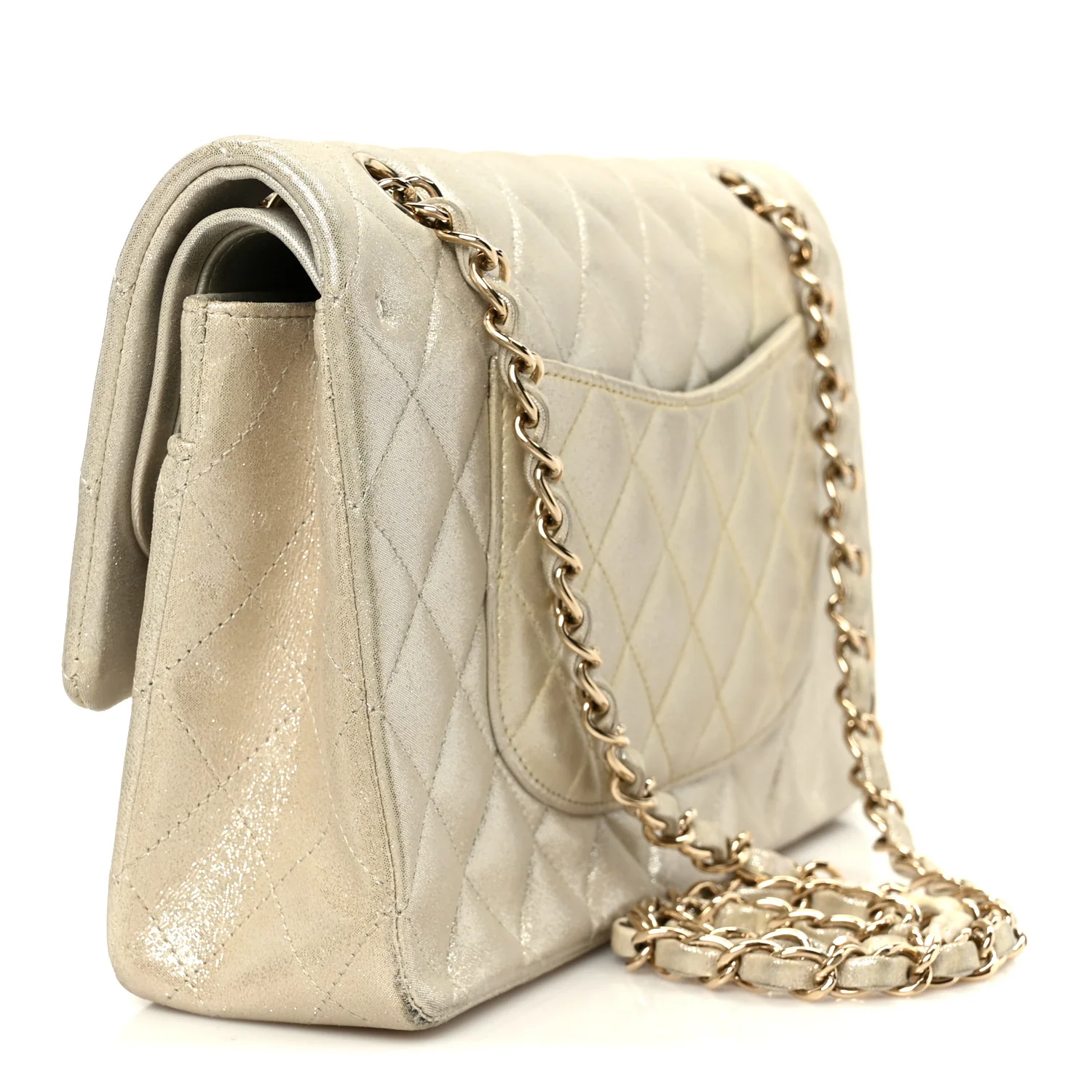 Metallic Canvas Quilted Medium Double Flap Light Gold - Image 3