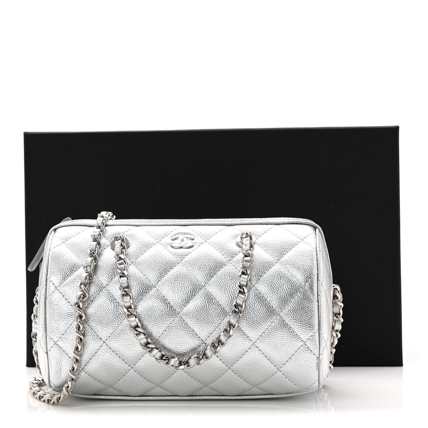 Metallic Caviar Quilted Barrel Clutch With Chain Silver - Image 11