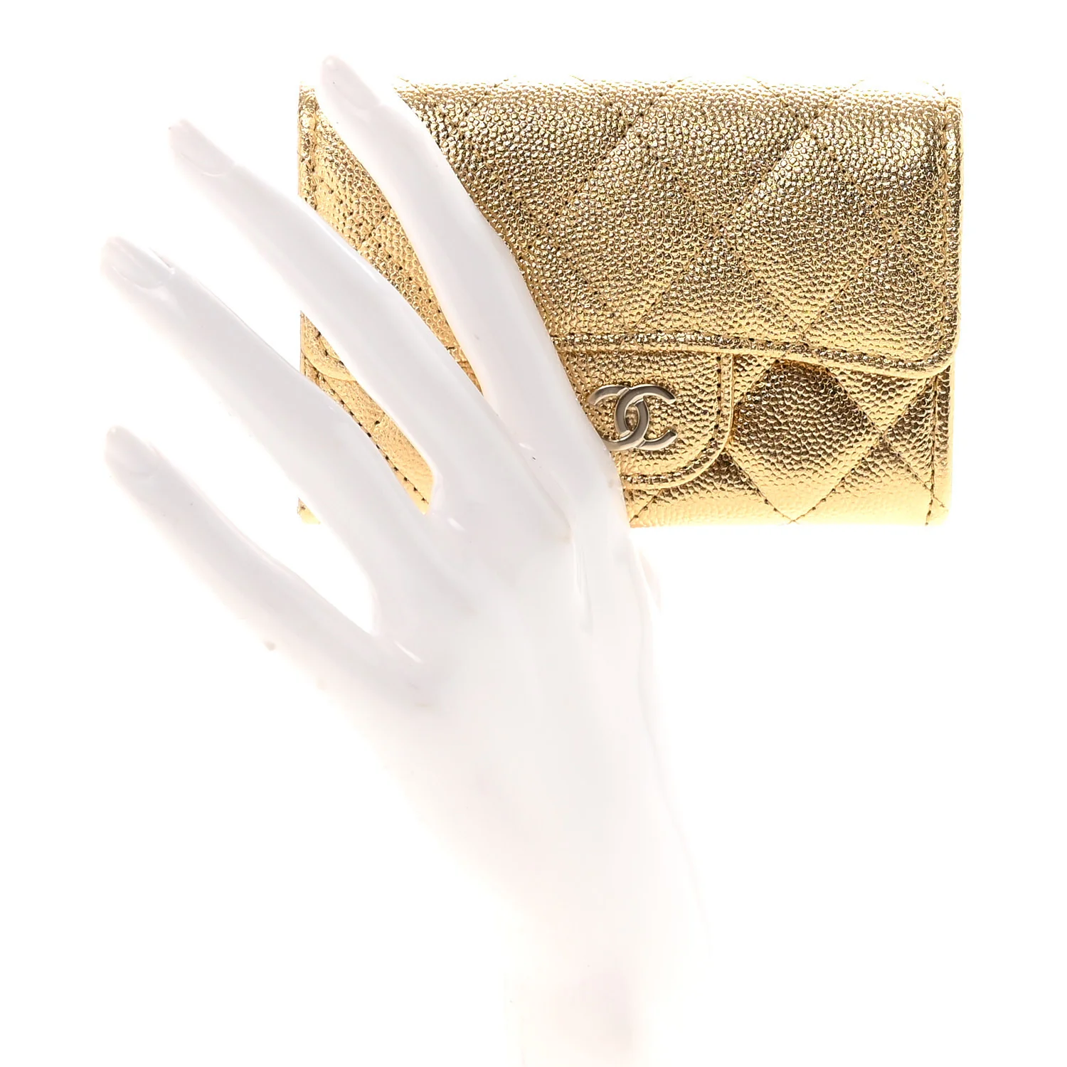 Metallic Caviar Quilted Flap Card Holder Wallet Gold - Image 2