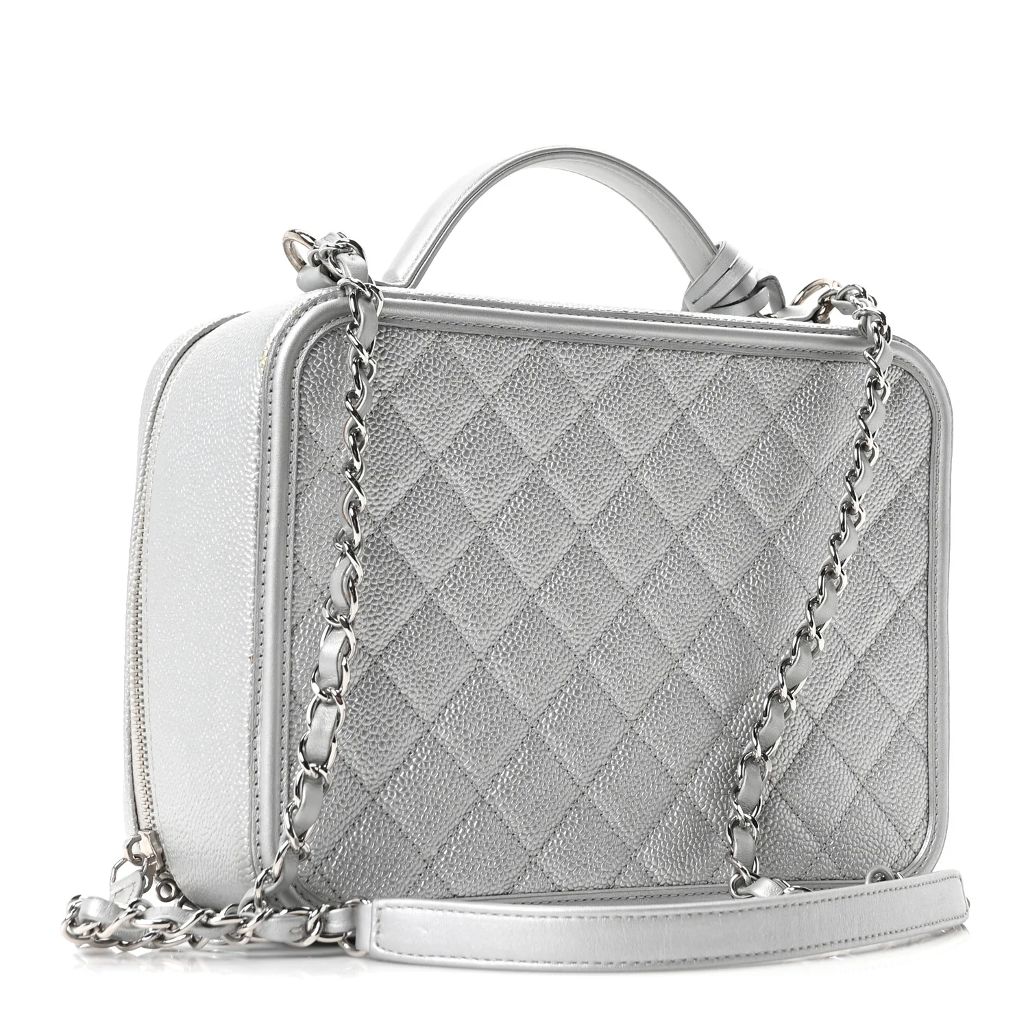 Metallic Caviar Quilted Large CC Filigree Vanity Case Silver - Image 3