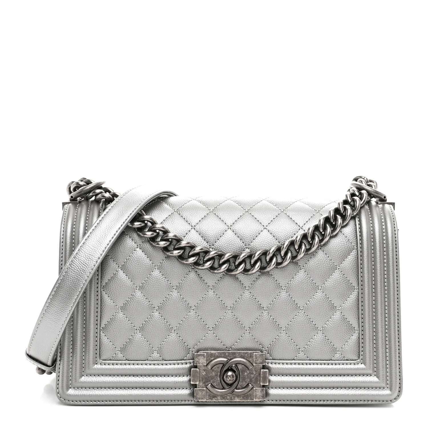 Metallic Caviar Quilted Medium Boy Flap Silver