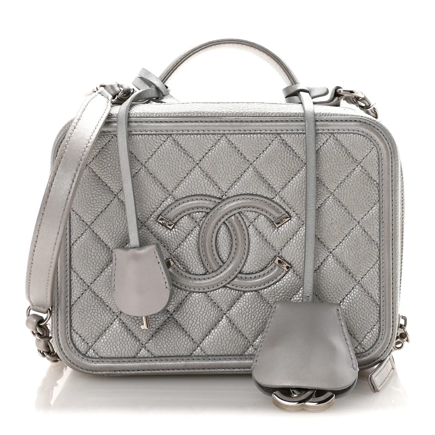 Metallic Caviar Quilted Medium CC Filigree Vanity Case Silver